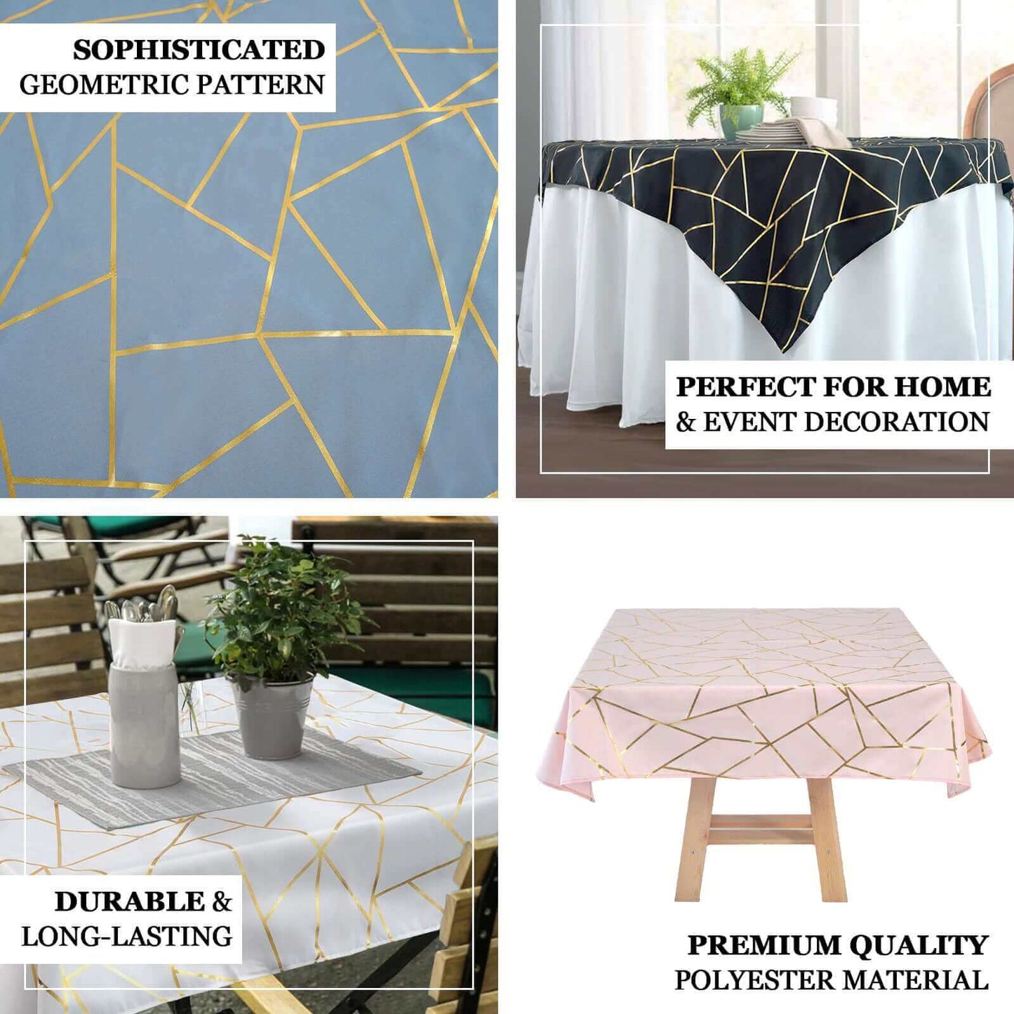 Blush square table overlay with gold foil geometric pattern.