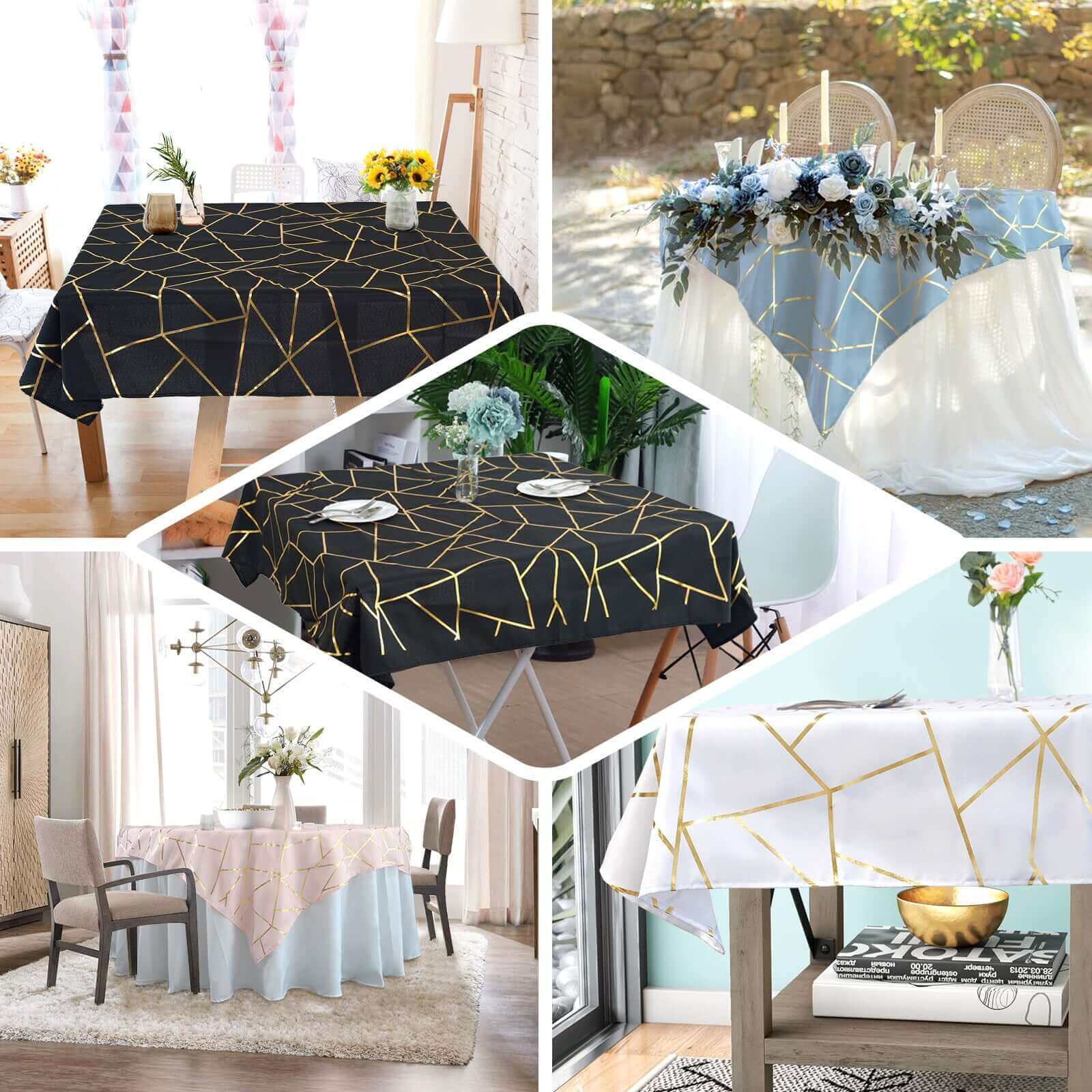 Blush square table overlay with gold foil geometric pattern.