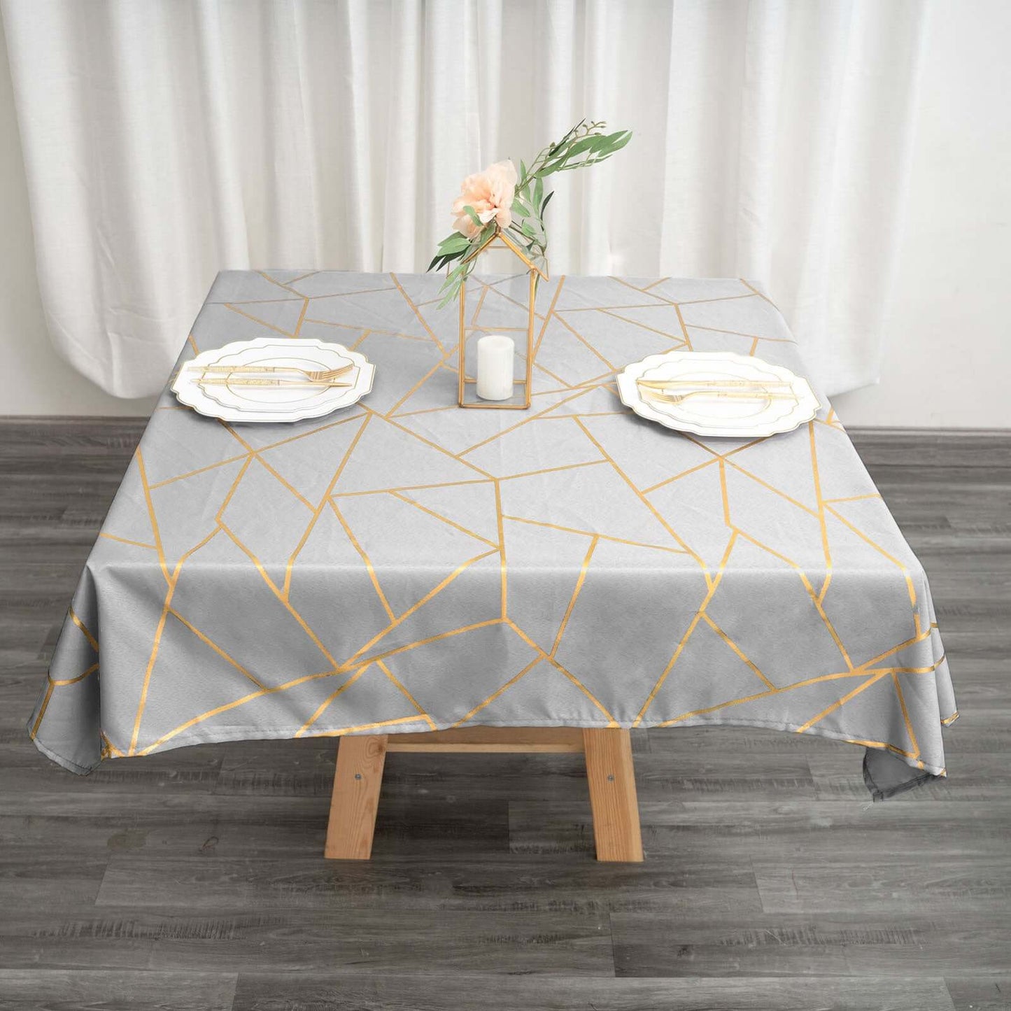 54"x54" Silver Polyester Square Tablecloth With Gold Foil Geometric Pattern