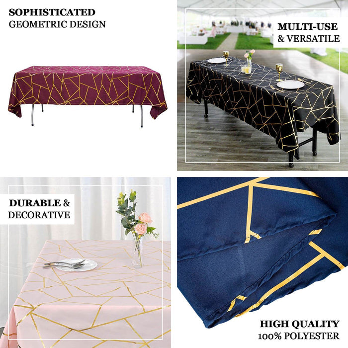 60"x102" Gold Rectangle Polyester Tablecloth With Gold Foil Geometric Pattern