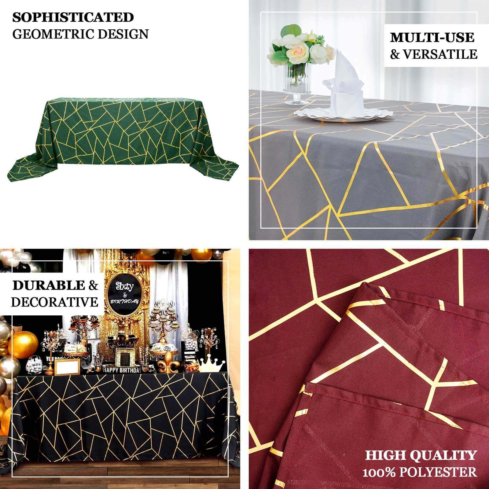 90"x156" Hunter Emerald Green Seamless Rectangle Polyester Tablecloth With Gold Foil Geometric Pattern