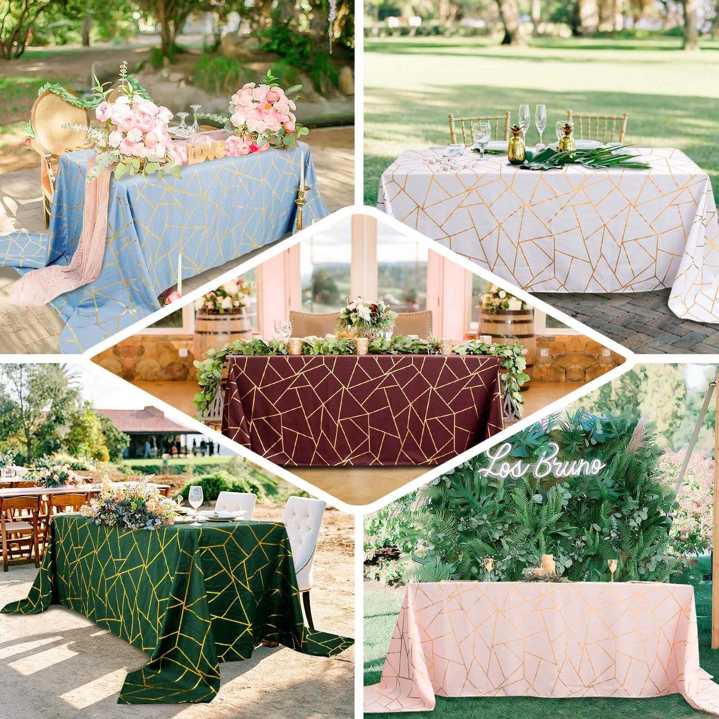 90"x132" Sage Green Seamless Rectangle Polyester Tablecloth With Gold Foil Geometric Pattern