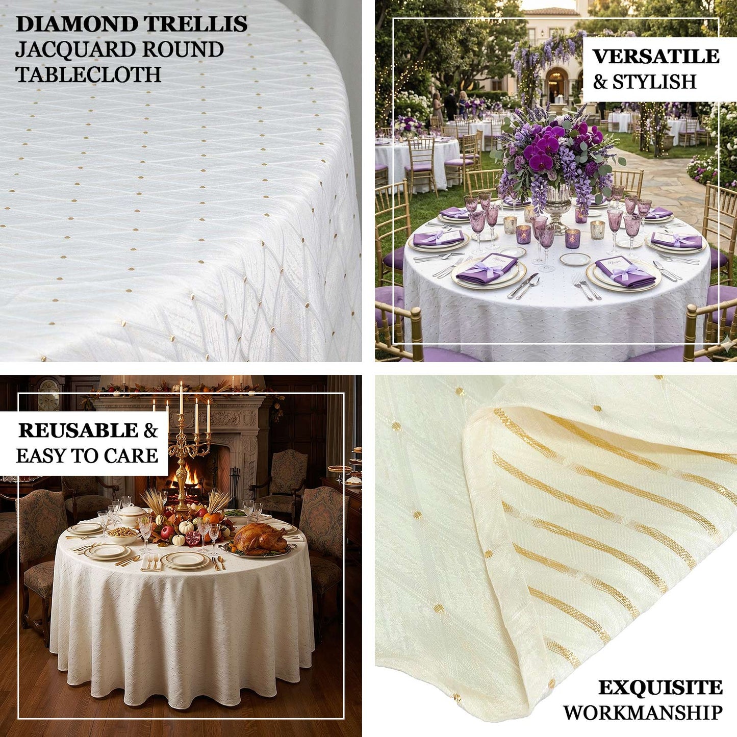 Textured jacquard tablecloth with diamond trellis pattern and gold accent dots for home and event ta