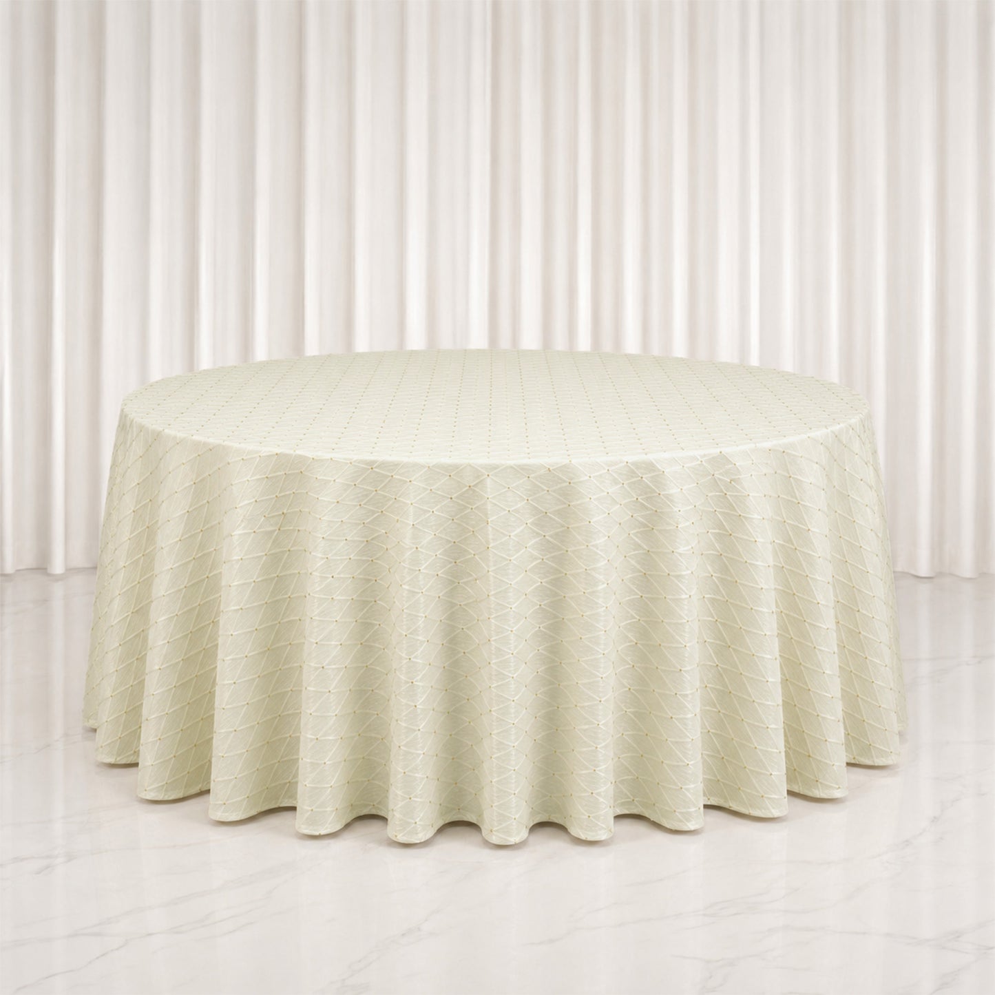 Jacquard Tablecloth 120" Round Ivory - Diamond Trellis with Gold Accent Dots