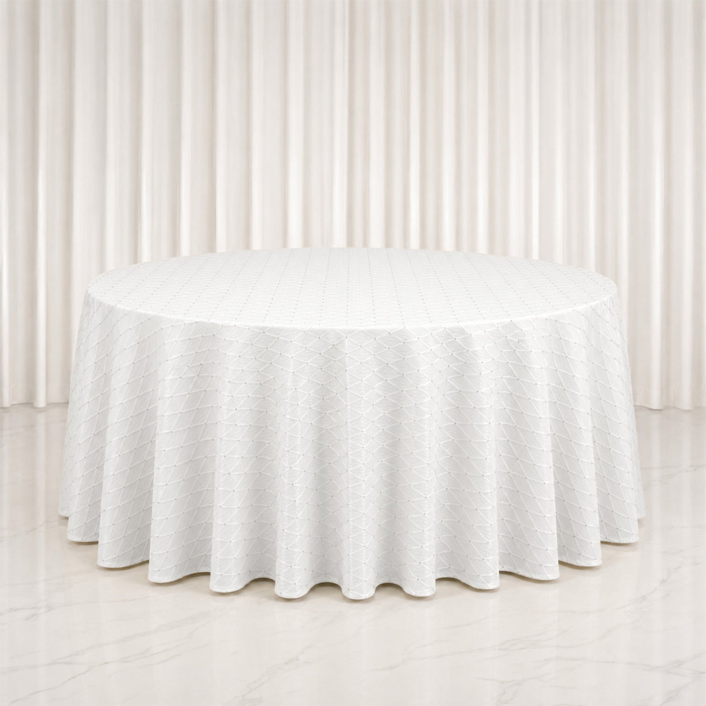 Jacquard Tablecloth 120" Round White - Diamond Trellis with Gold Accent Dots