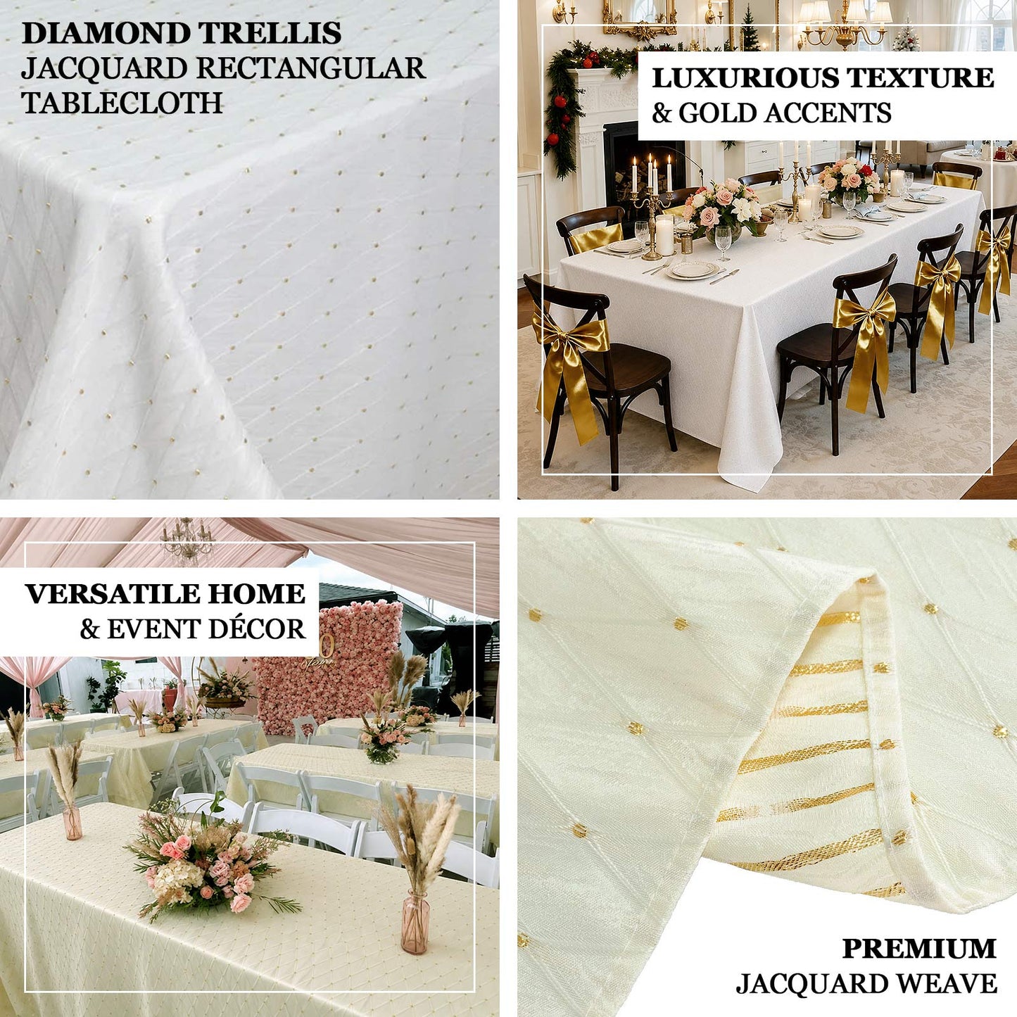 Textured jacquard tablecloth with gold accent dots for weddings, receptions, banquets, and formal ev