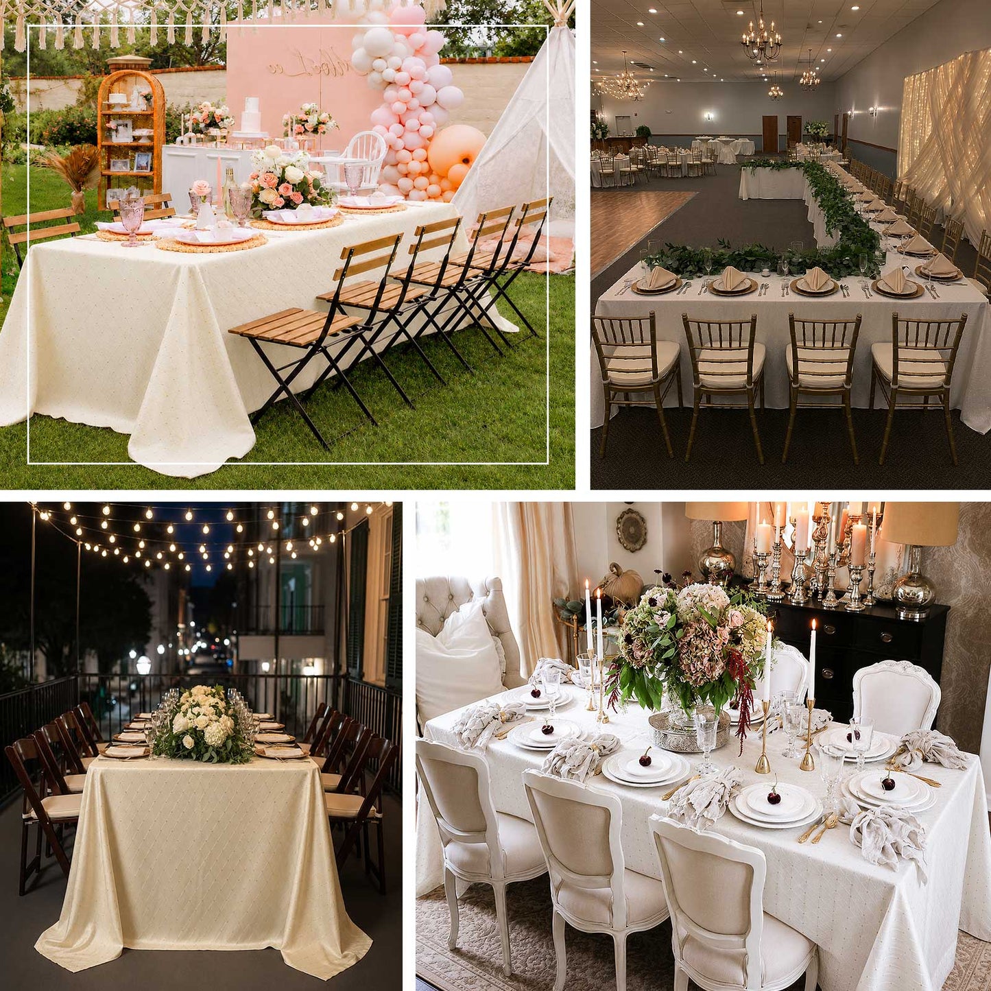 Textured jacquard tablecloth with gold accent dots for weddings, receptions, banquets, and formal ev