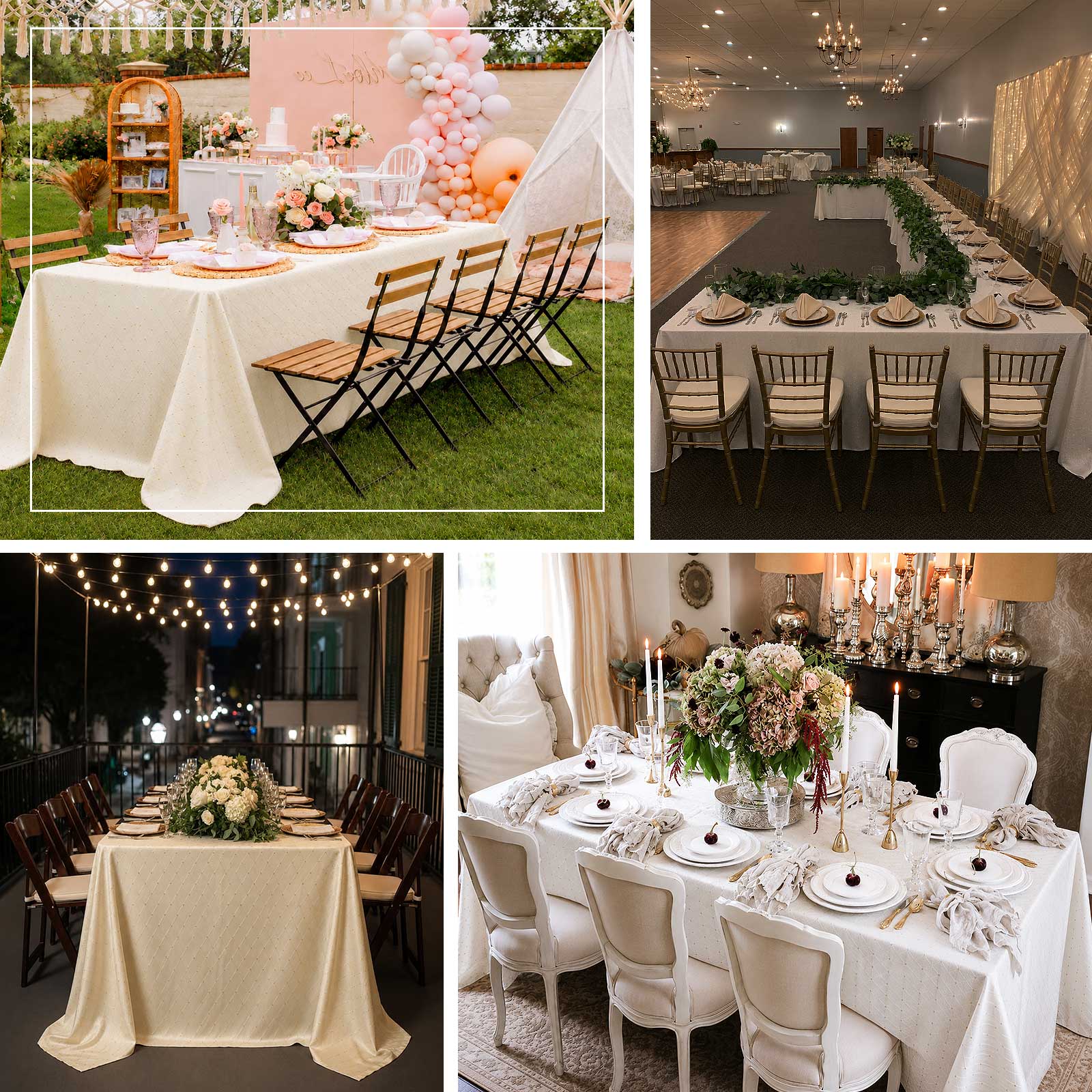Textured jacquard tablecloth with gold accent dots for weddings, receptions, banquets, and formal ev
