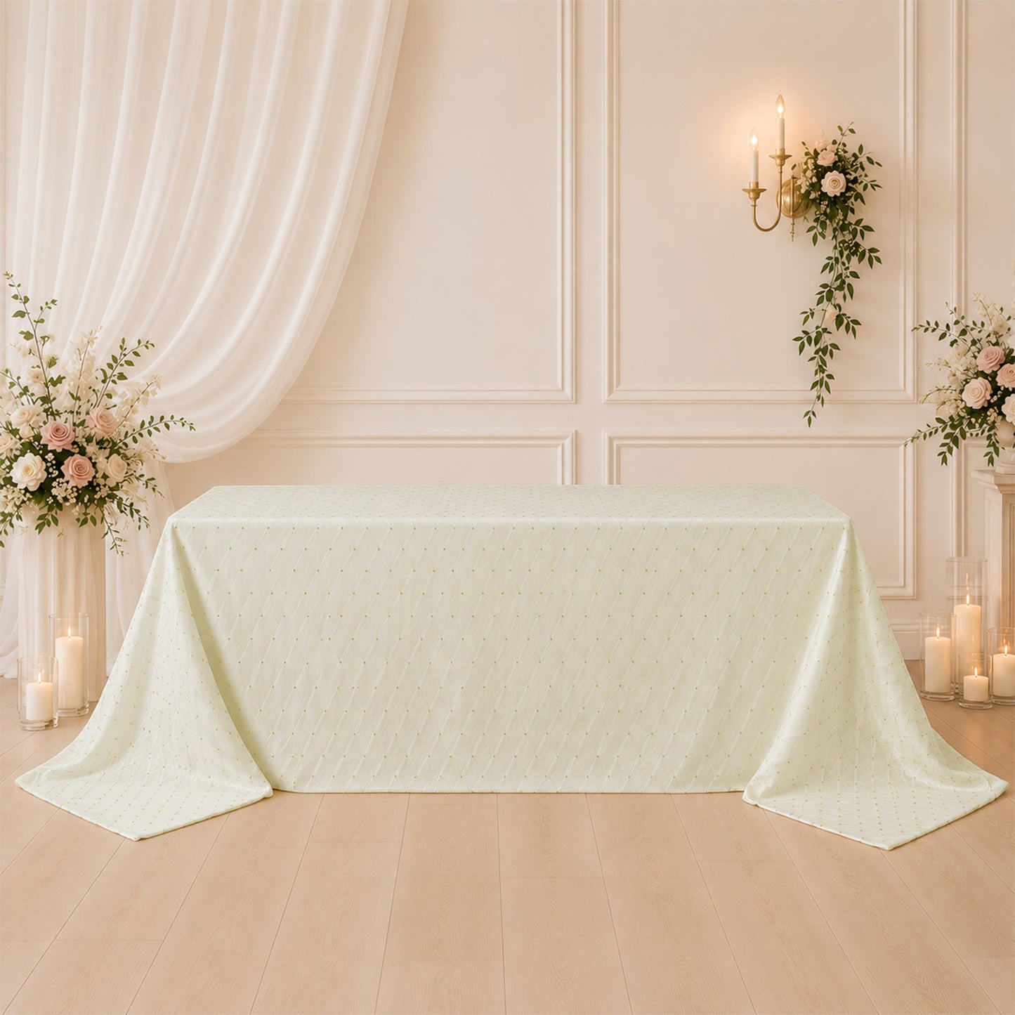 Jacquard Tablecloth 90"x132" Rectangular, Ivory - Diamond Trellis with Gold Accent Dots