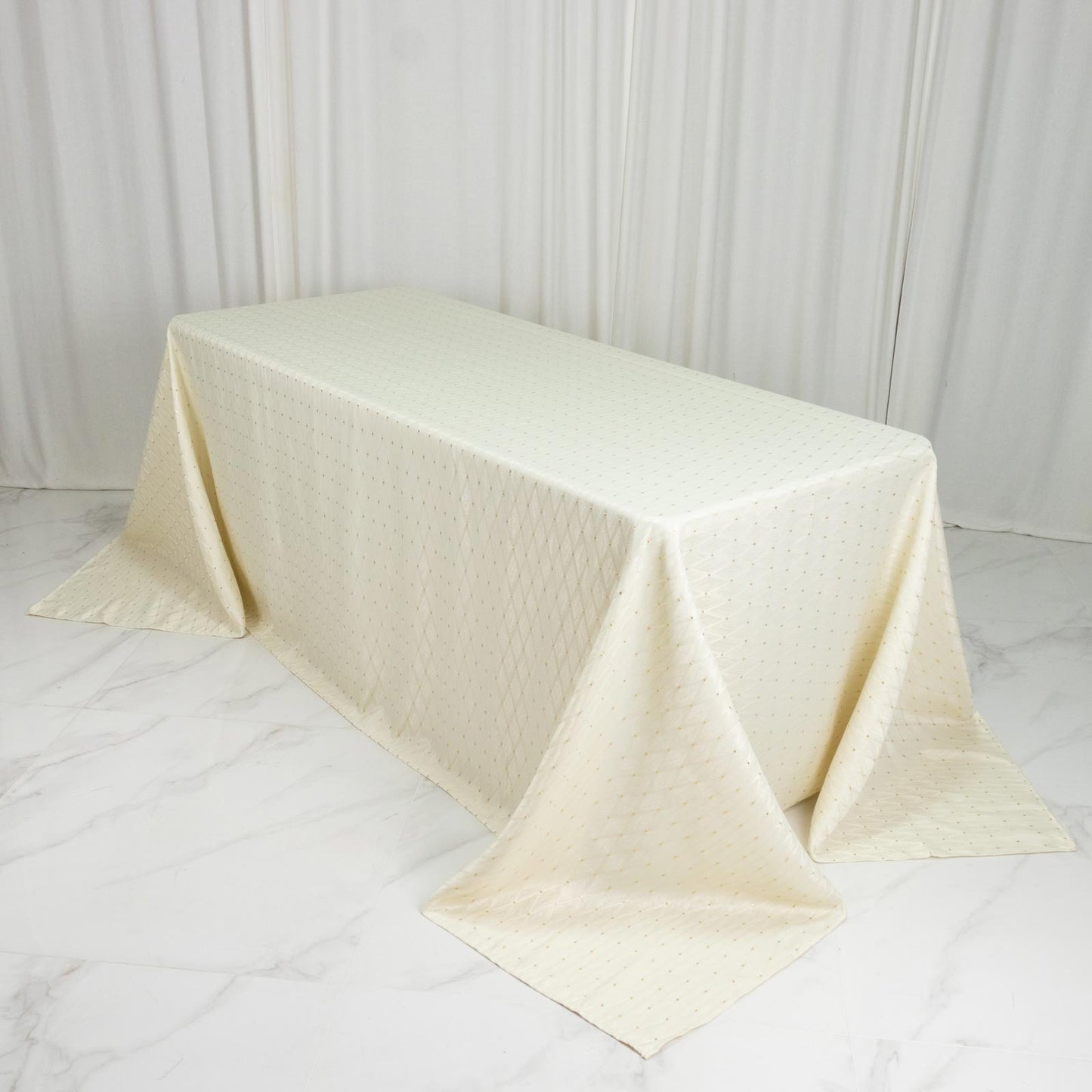 Jacquard Tablecloth 90"x132" Rectangular, Ivory - Diamond Trellis with Gold Accent Dots
