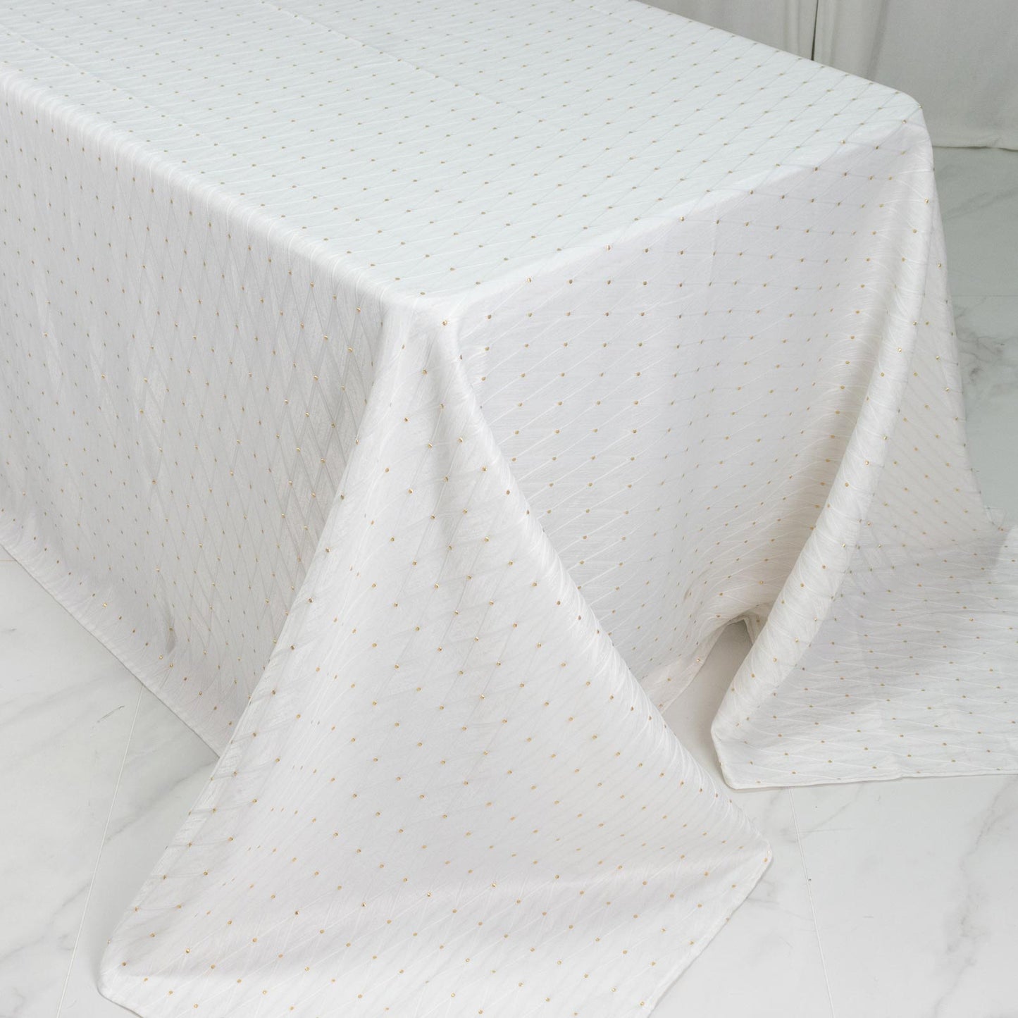 Jacquard Tablecloth 90"x132" Rectangular, White - Diamond Trellis with Gold Accent Dots