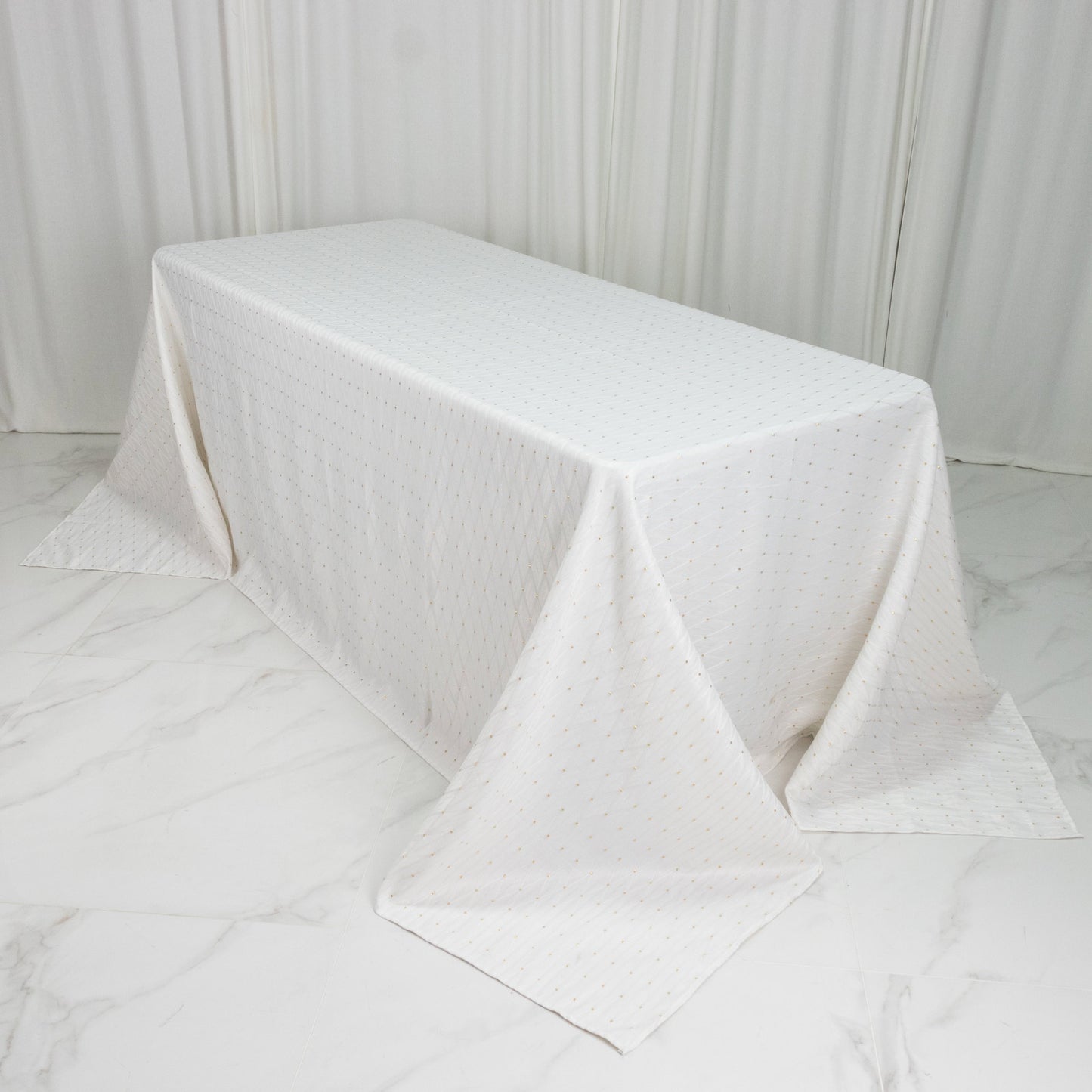 Jacquard Tablecloth 90"x132" Rectangular, White - Diamond Trellis with Gold Accent Dots