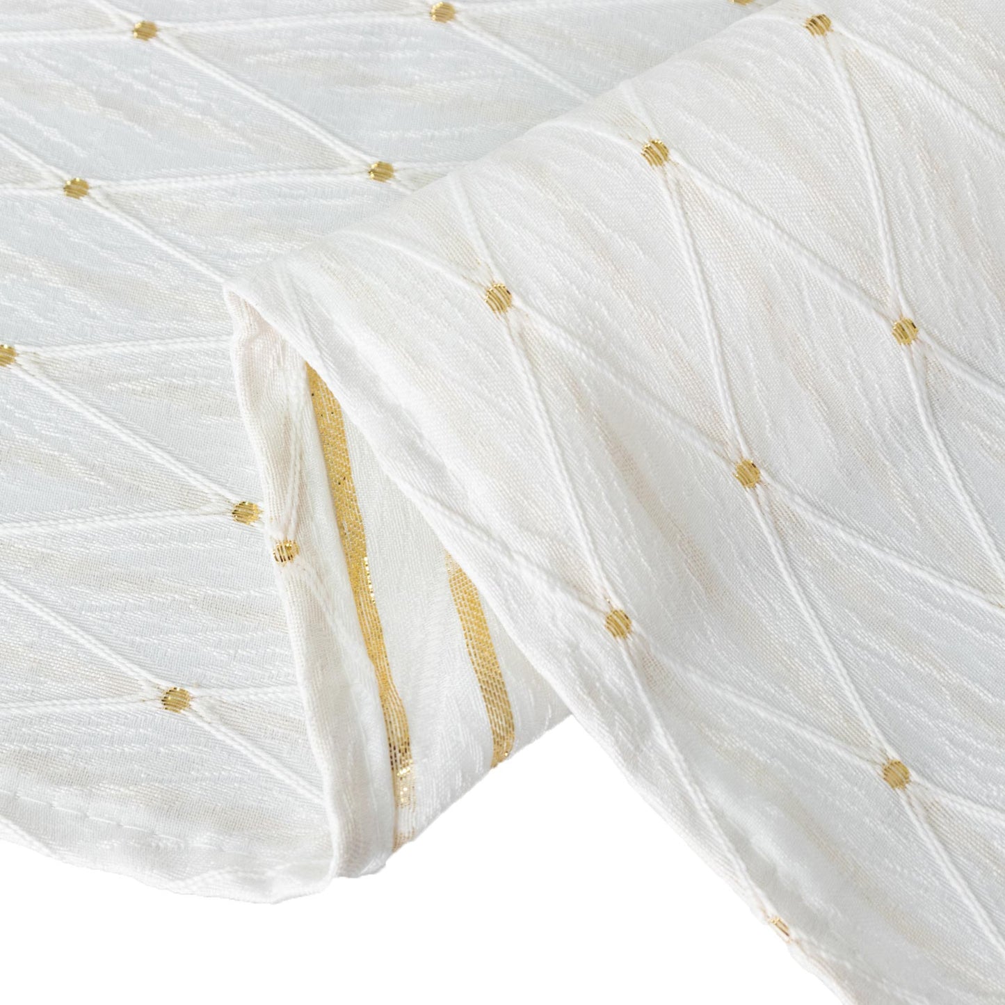 Jacquard Tablecloth 90"x132" Rectangular, White - Diamond Trellis with Gold Accent Dots