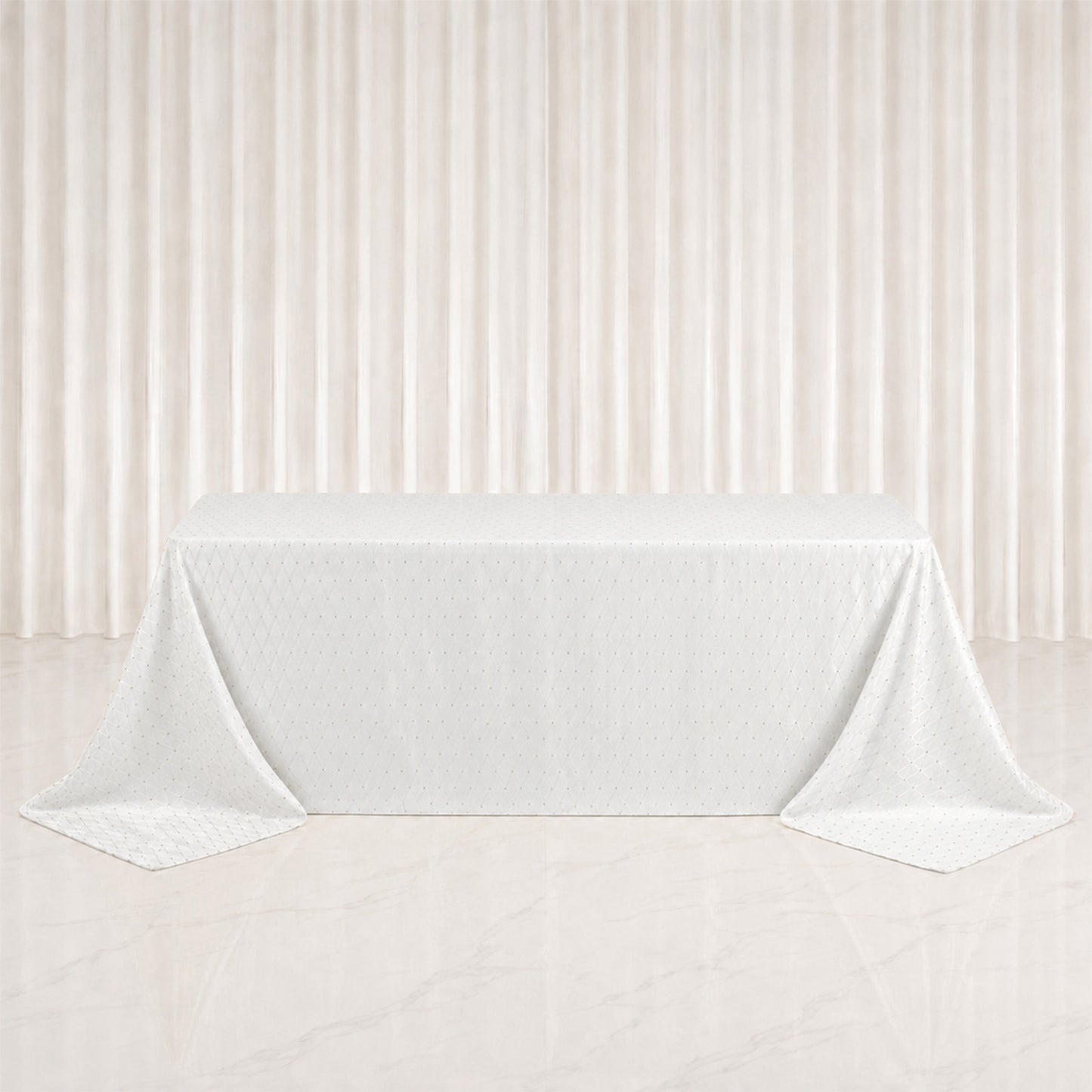 Jacquard Tablecloth 90"x132" Rectangular, White - Diamond Trellis with Gold Accent Dots