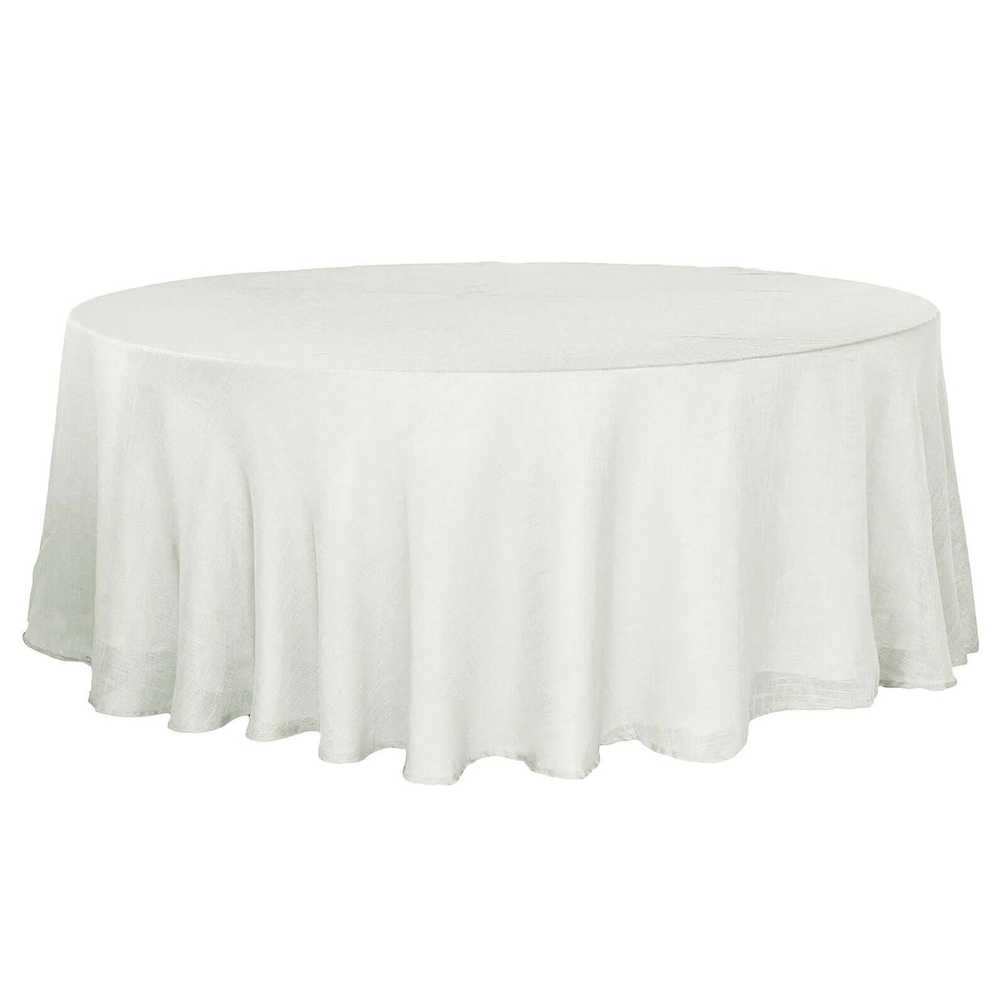 White Round Tablecloth With 108 Inch Diameter And Slubby Texture