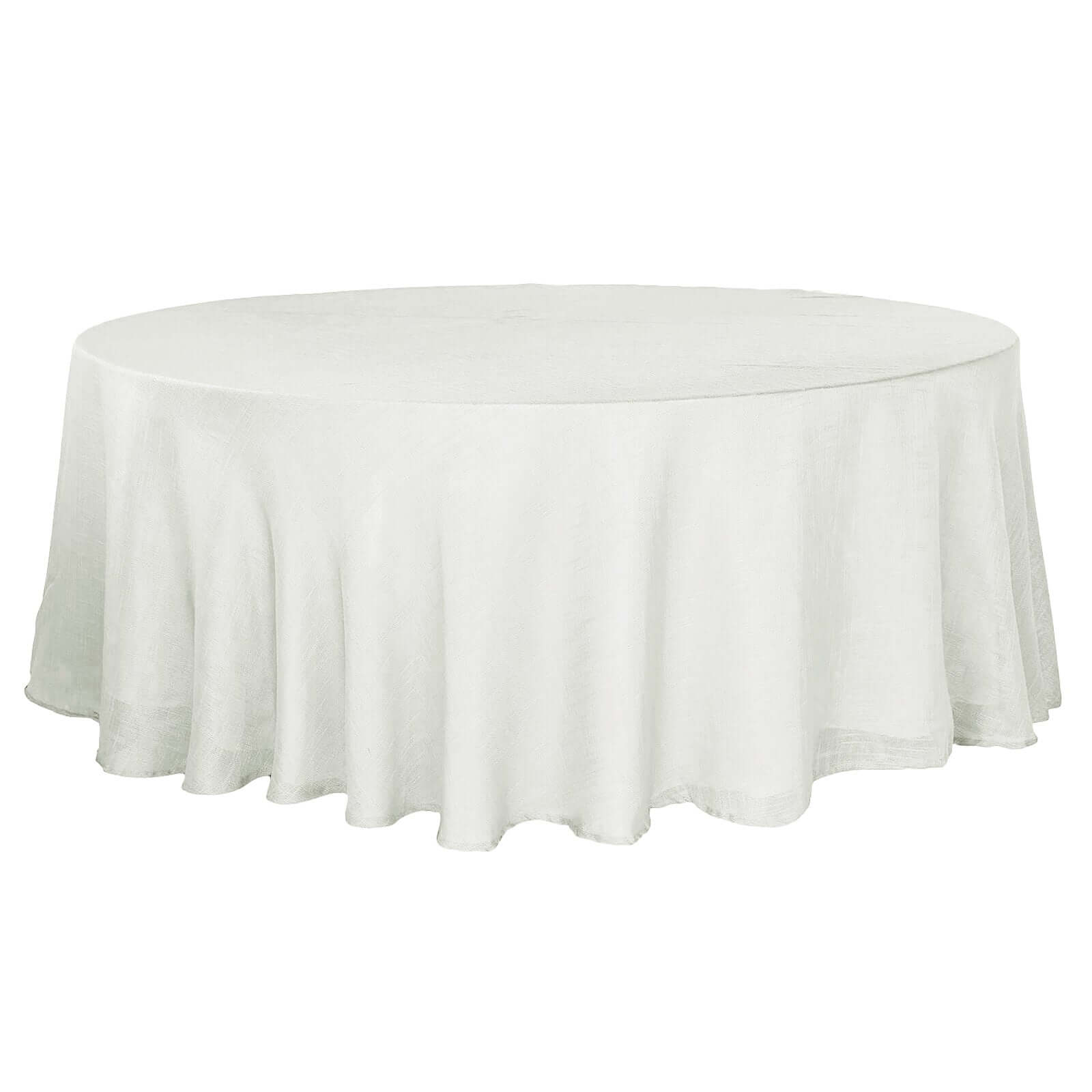 White Round Tablecloth With 108 Inch Diameter And Slubby Texture