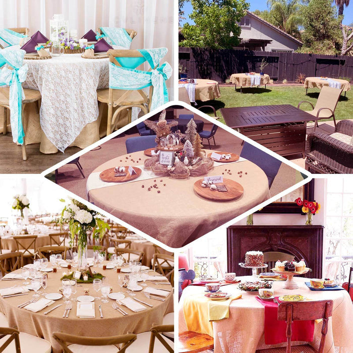 90" Natural Faux Burlap Round Tablecloth, Boho Chic Jute Table Linen