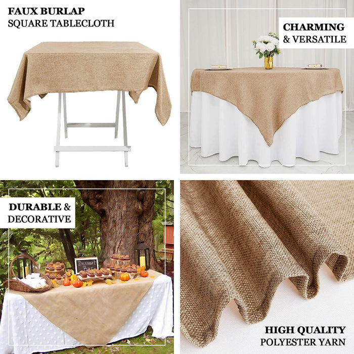 Natural faux burlap square table overlay in boho chic style.
