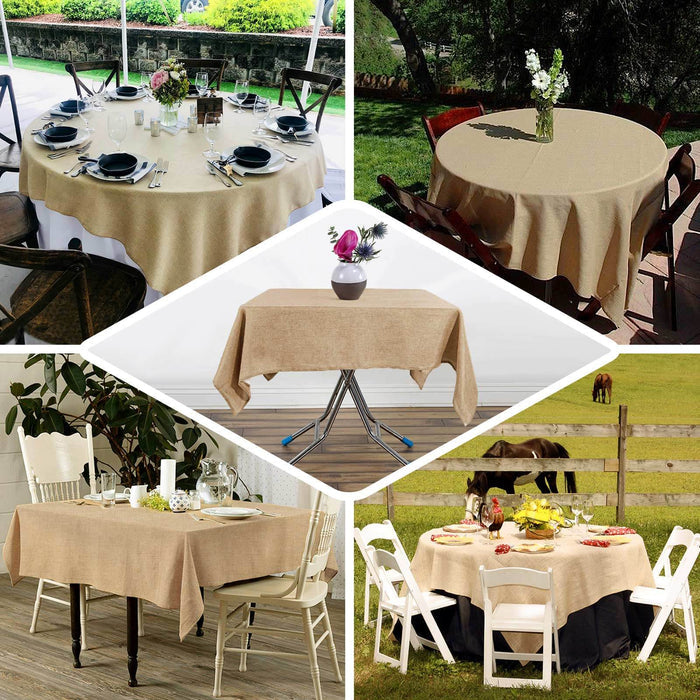 Natural burlap square table overlay for boho chic decor.