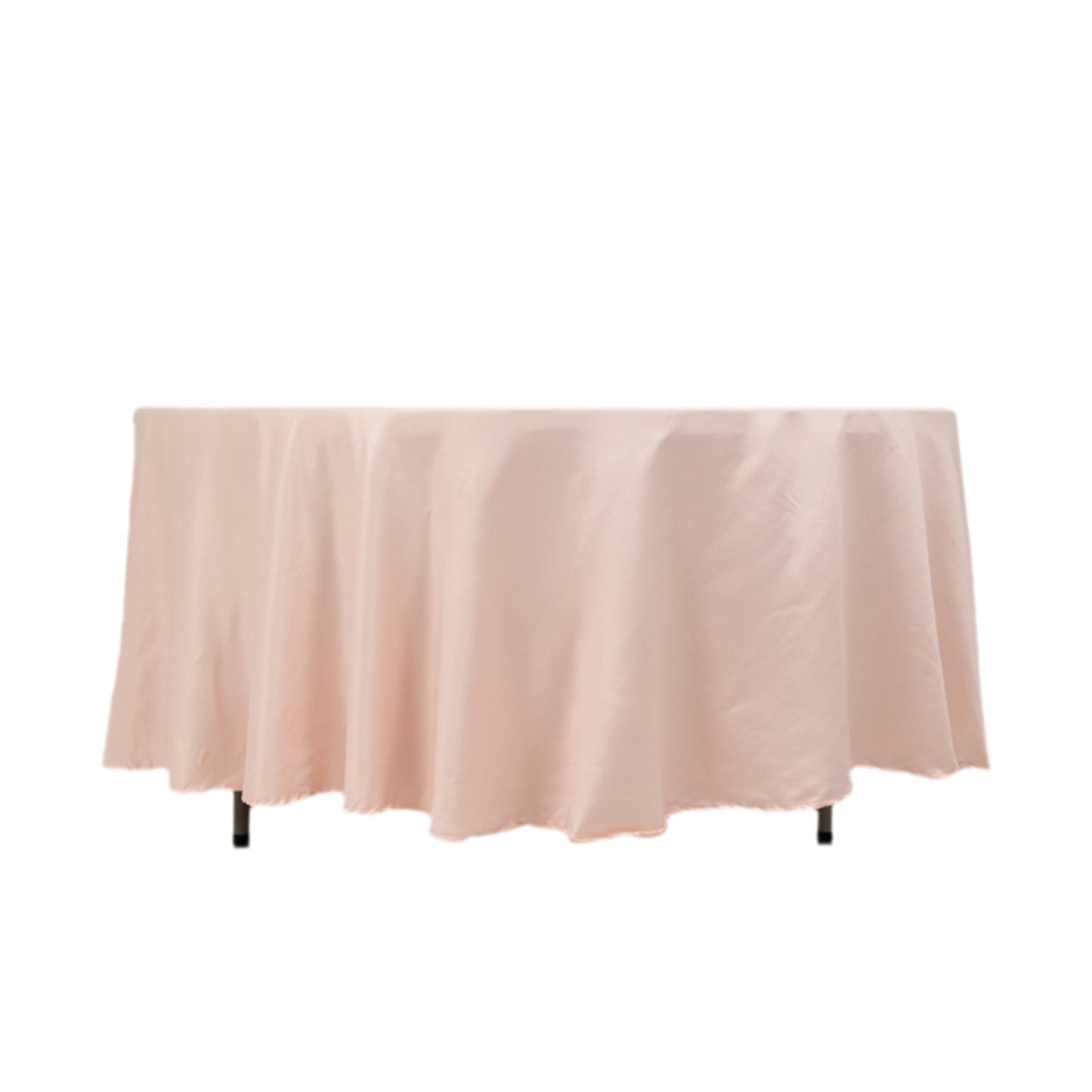Blush satin round tablecloth for elegant table settings.