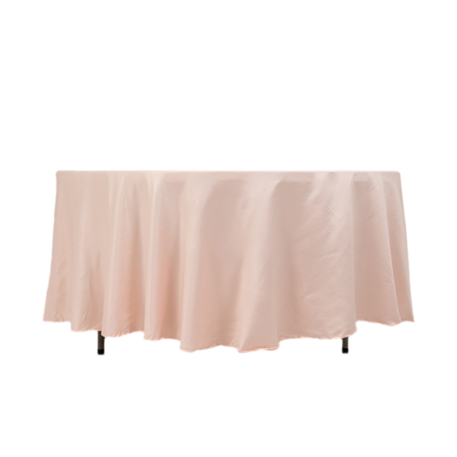 Blush satin round tablecloth for elegant table settings.