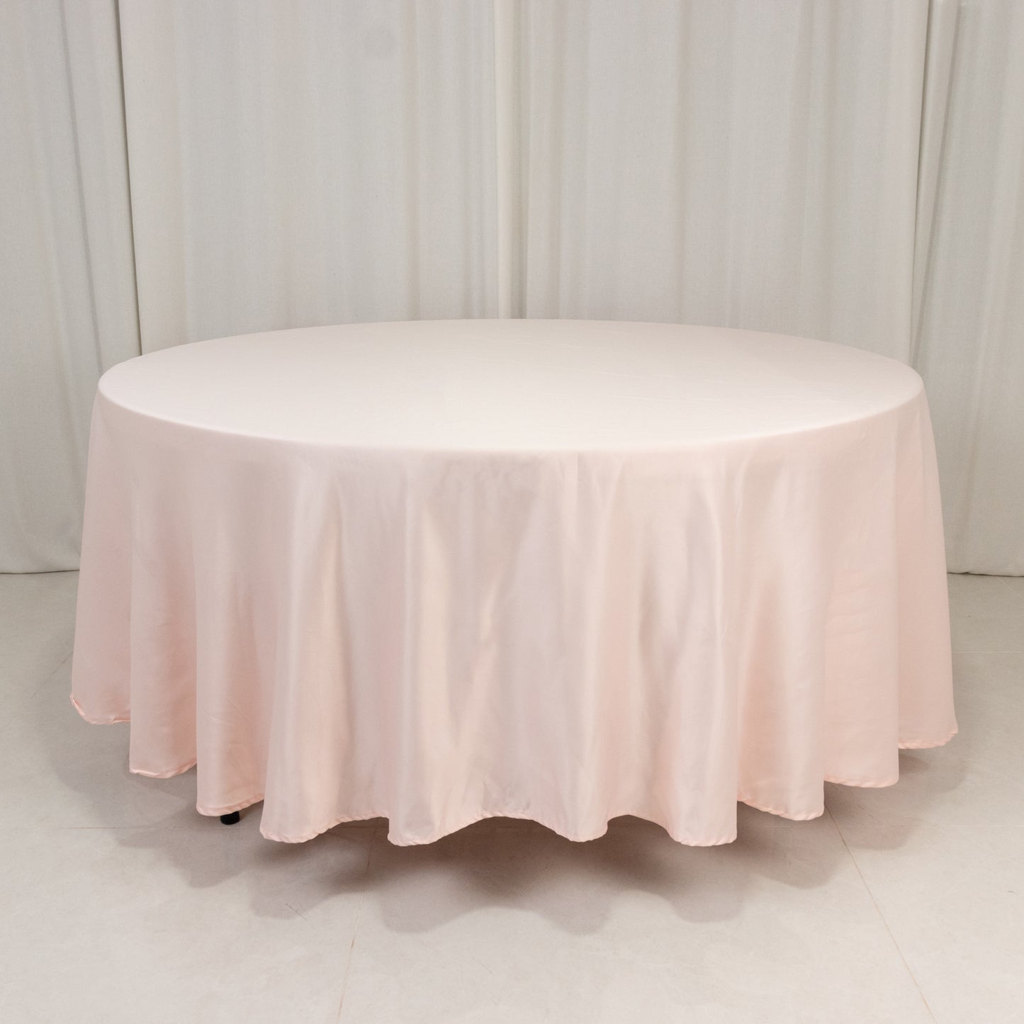 108" Blush Lamour Satin Round Tablecloth in soft blush color.