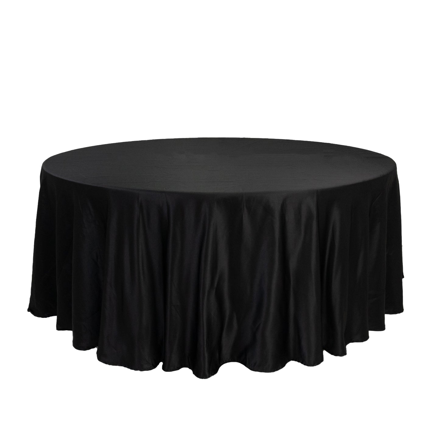 Black satin round tablecloth, 108 inches in diameter.