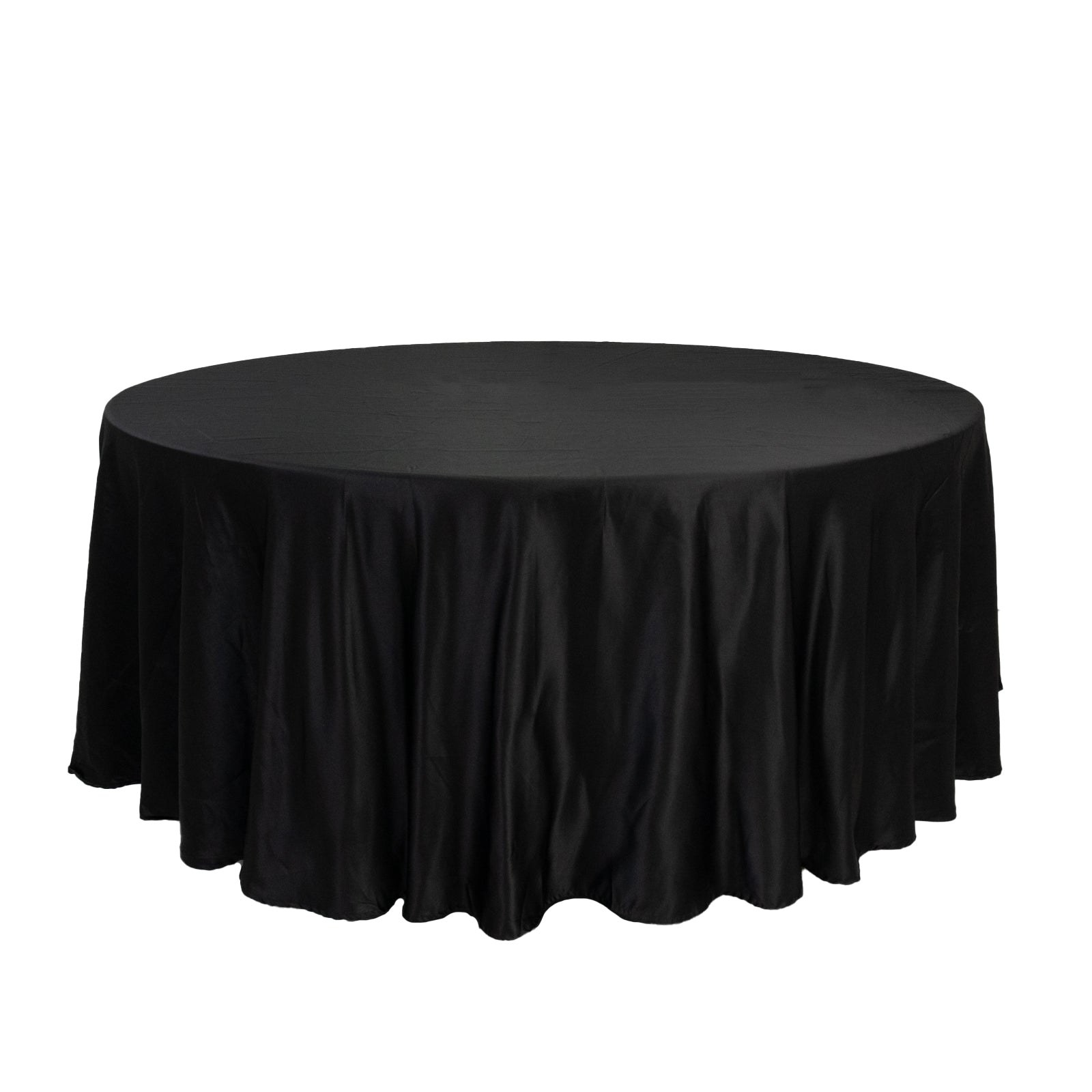Black satin round tablecloth, 108 inches in diameter.