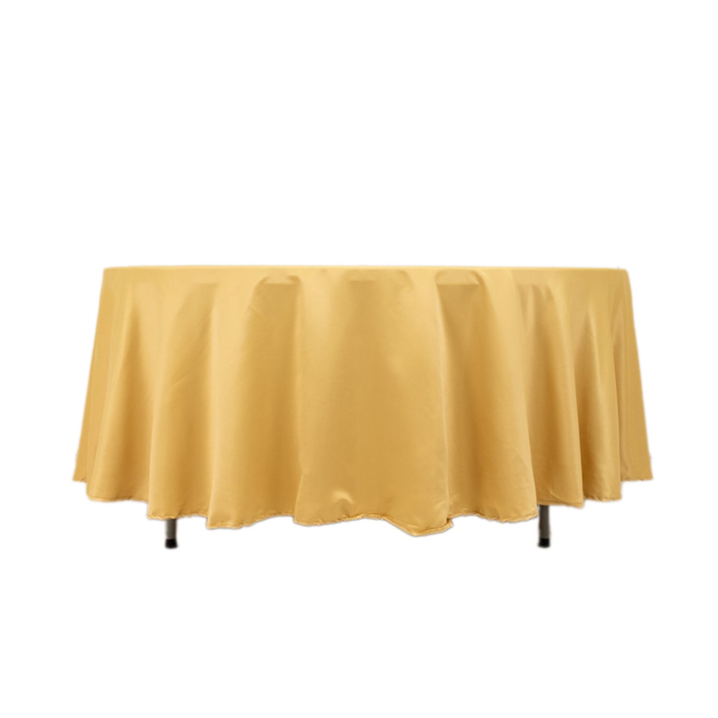 Champagne satin round tablecloth for elegant dining settings.