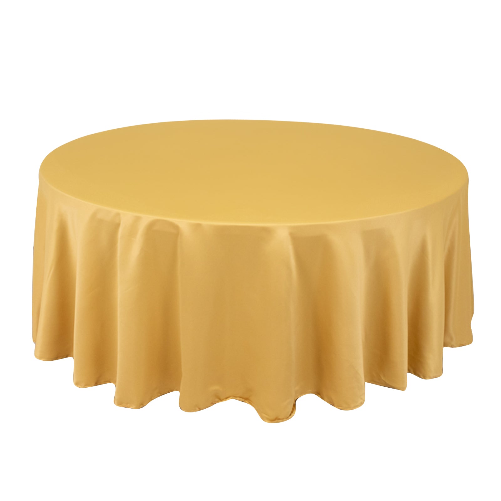 Champagne round satin tablecloth for elegant dining settings.