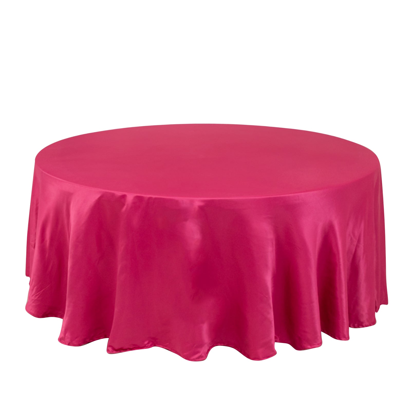 Fuchsia satin round tablecloth, 108 inches.