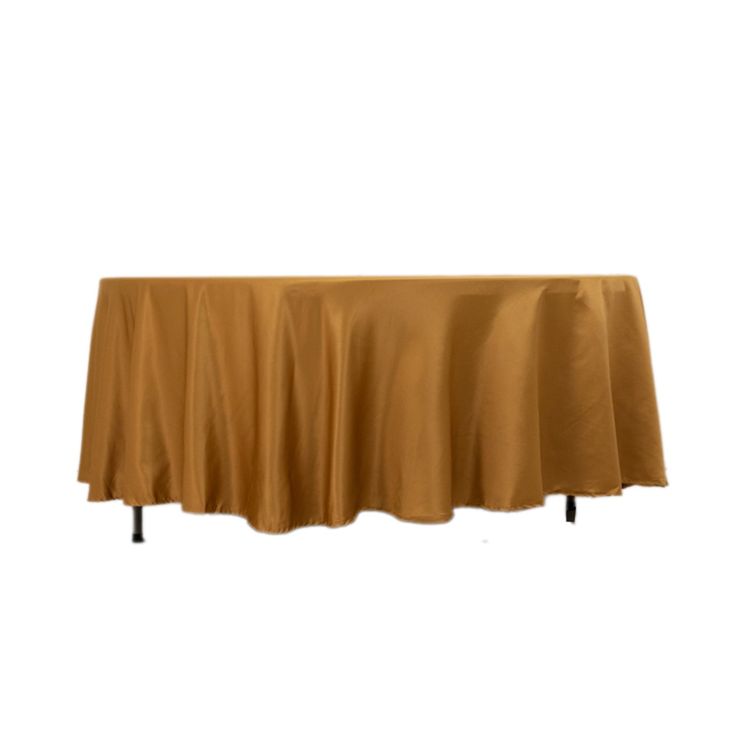 Gold satin round tablecloth for elegant dining settings.