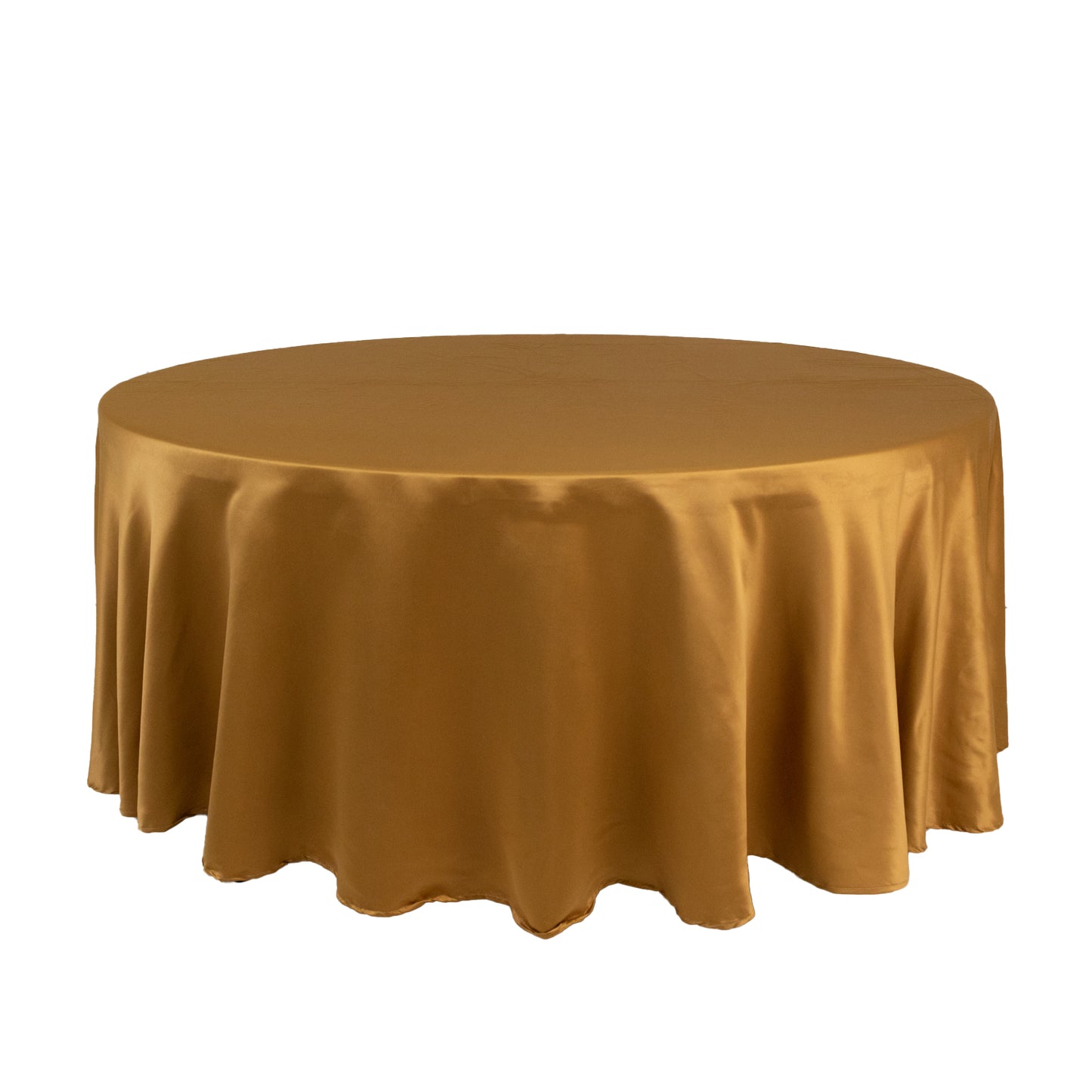 Gold satin round tablecloth, 108 inches in diameter.
