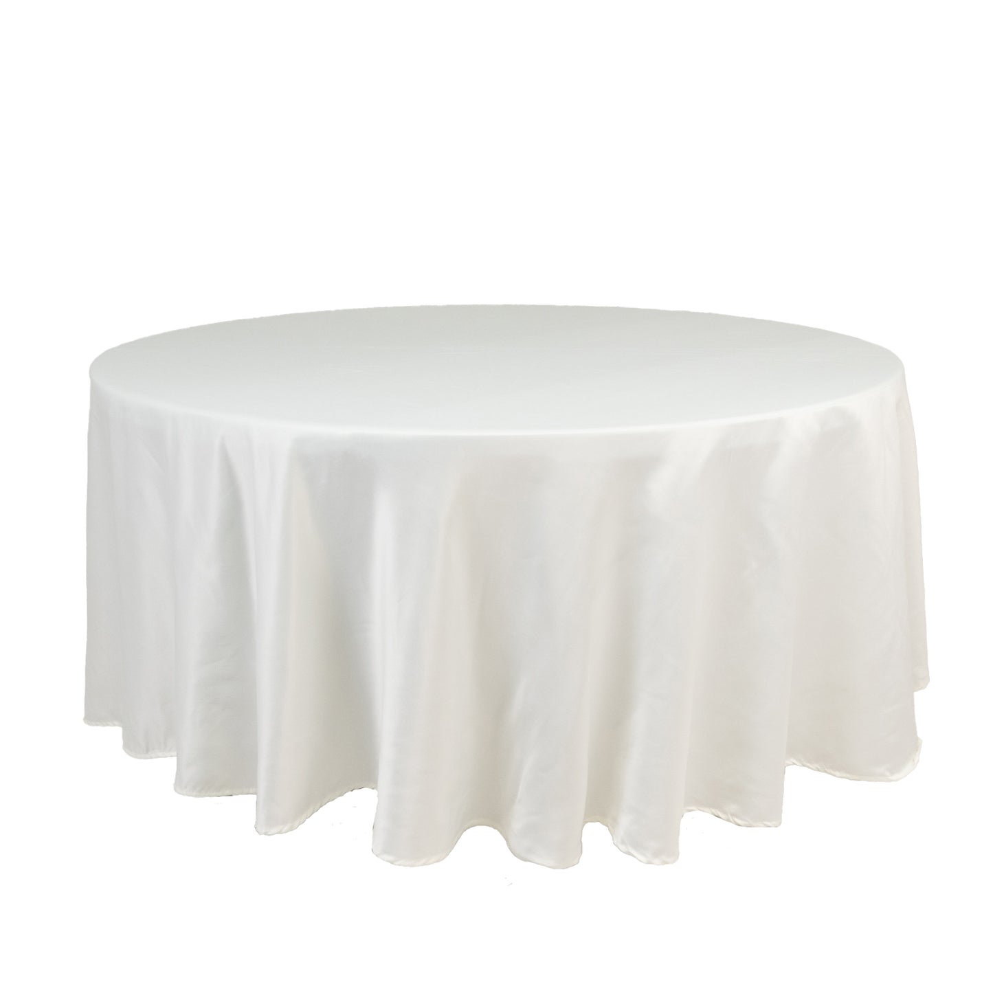 Ivory satin round tablecloth, 108 inches, elegant and smooth texture.