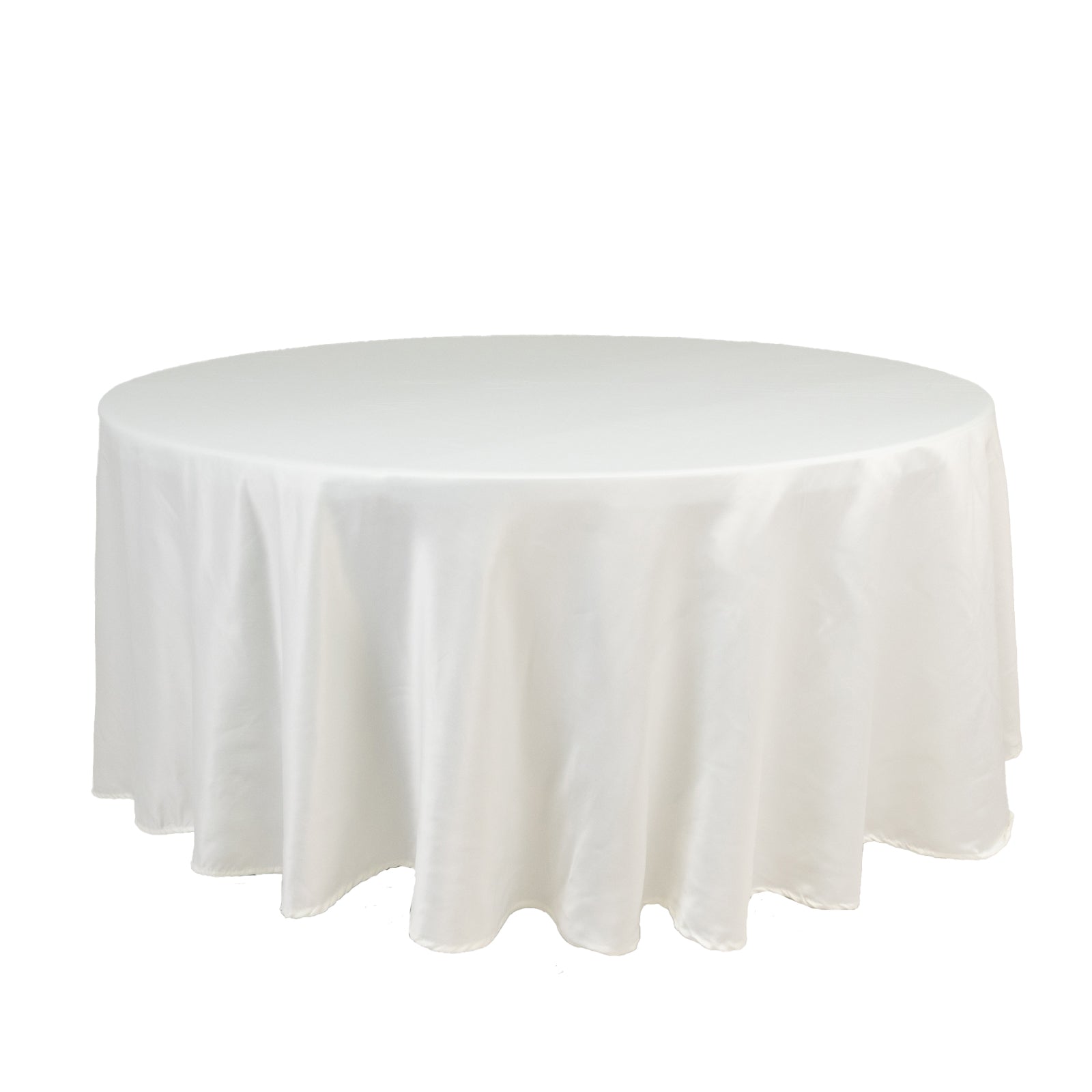 Ivory satin round tablecloth, 108 inches, elegant and smooth texture.