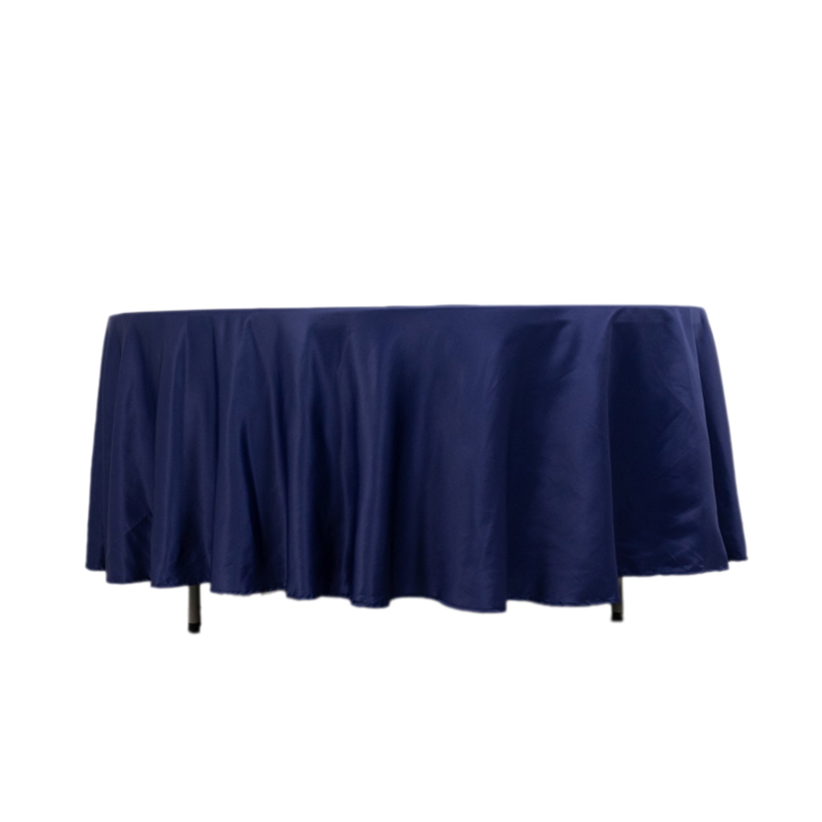 Navy blue round tablecloth in satin fabric.