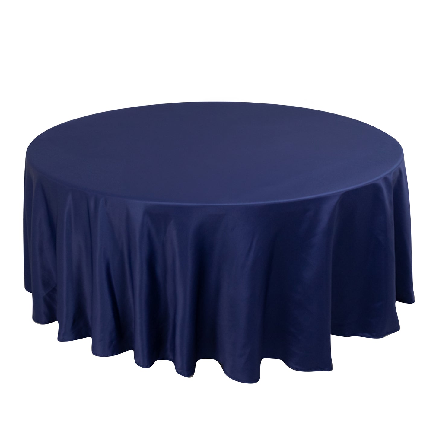 Navy blue satin round tablecloth, 108 inches in diameter.