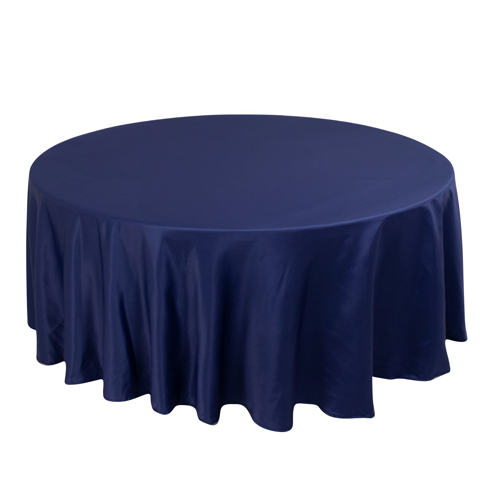 Navy blue satin round tablecloth, 108 inches in diameter.
