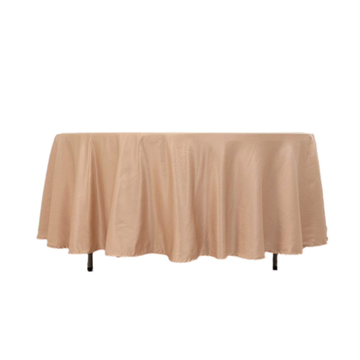 Nude satin round tablecloth, 108 inches.