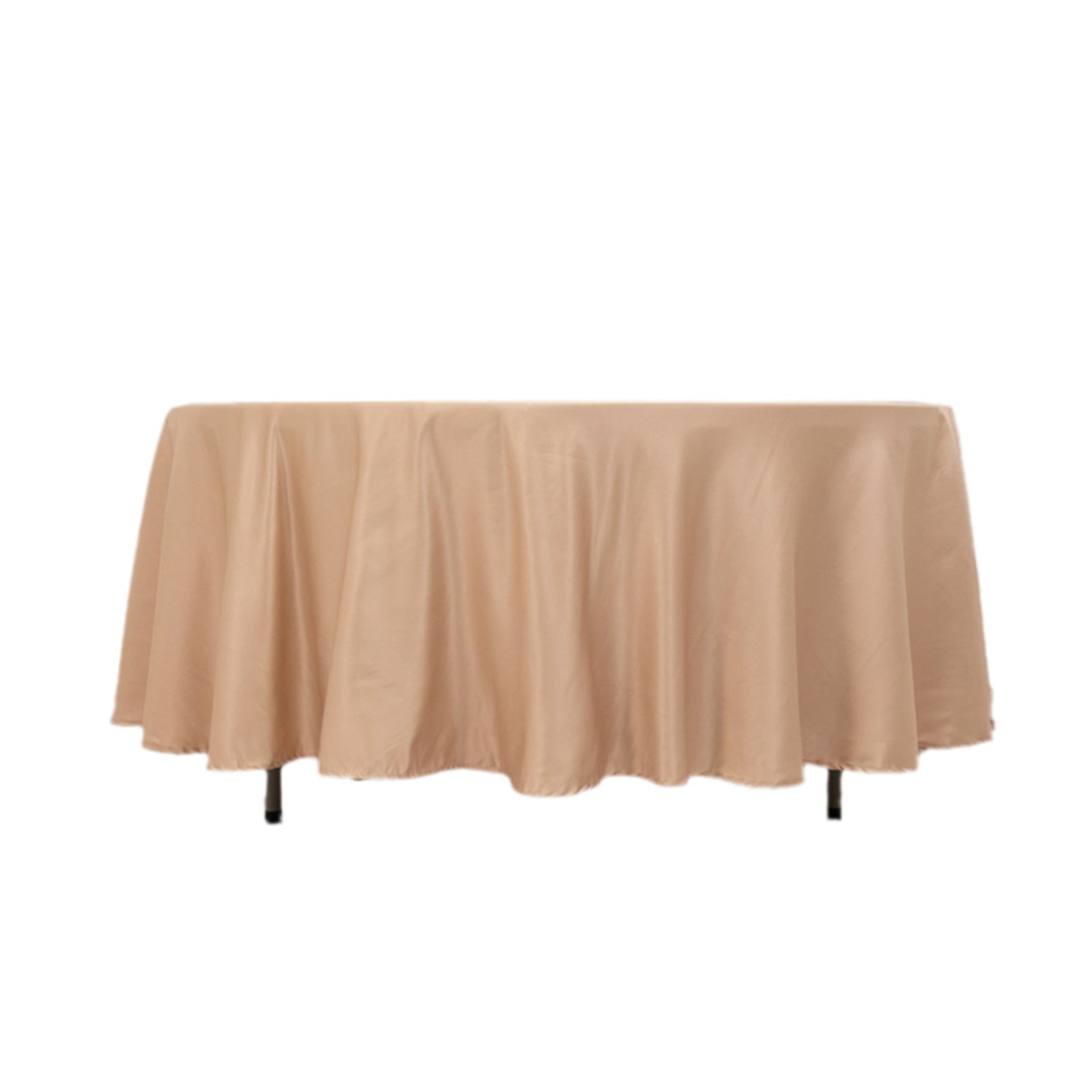 Nude satin round tablecloth, 108 inches.
