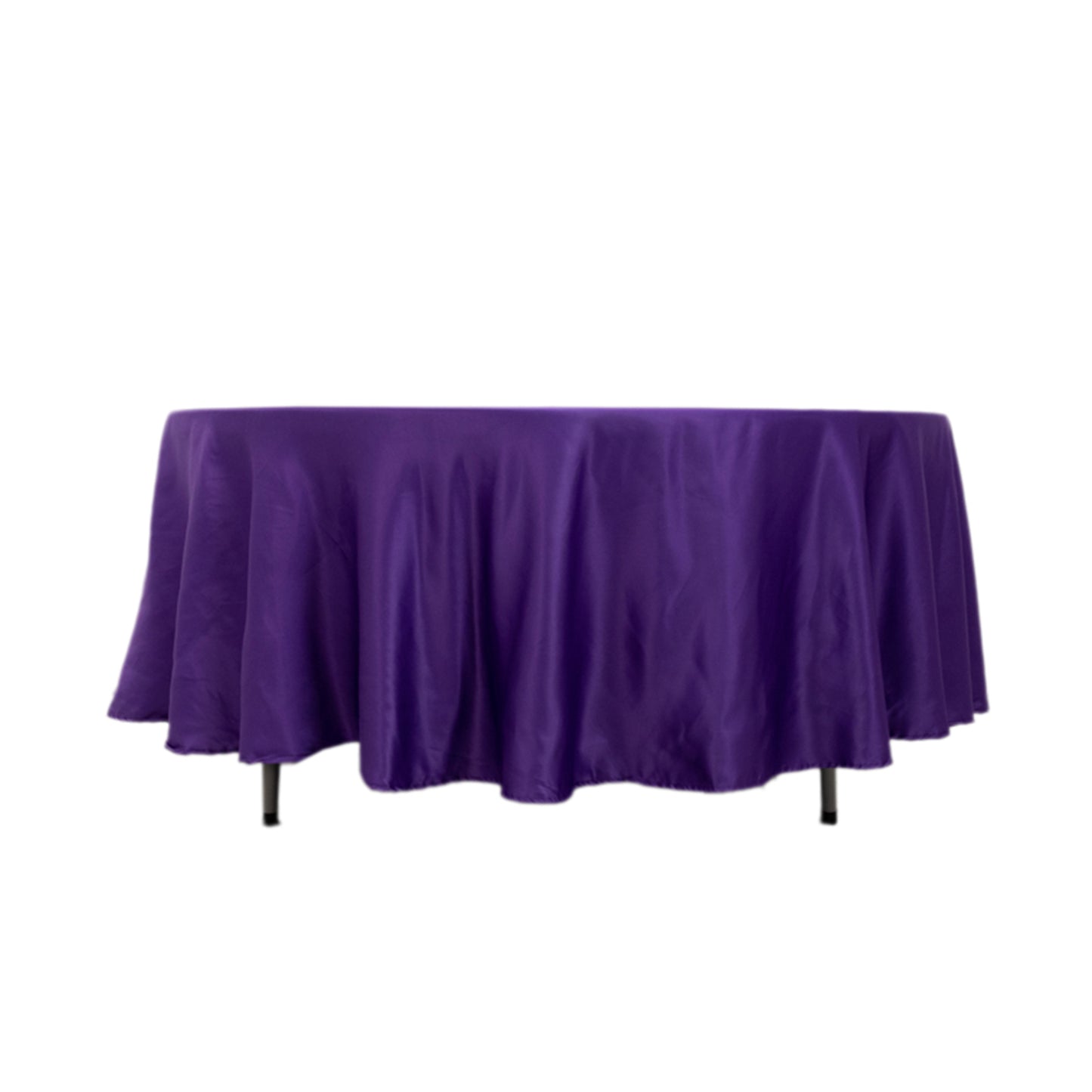 108" Purple Lamour Satin Round Tablecloth on a table.