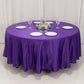 Purple satin round tablecloth for elegant dining setups.