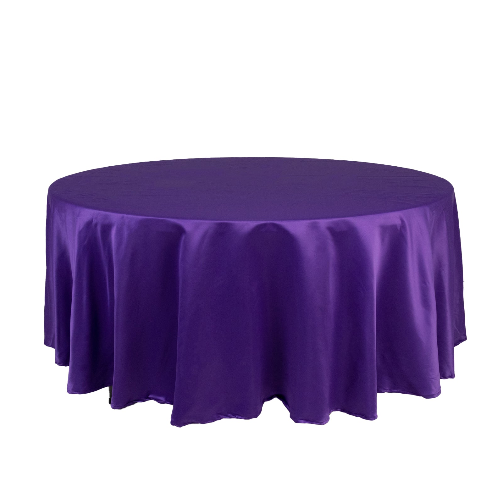 Purple satin round tablecloth, 108 inches in diameter.