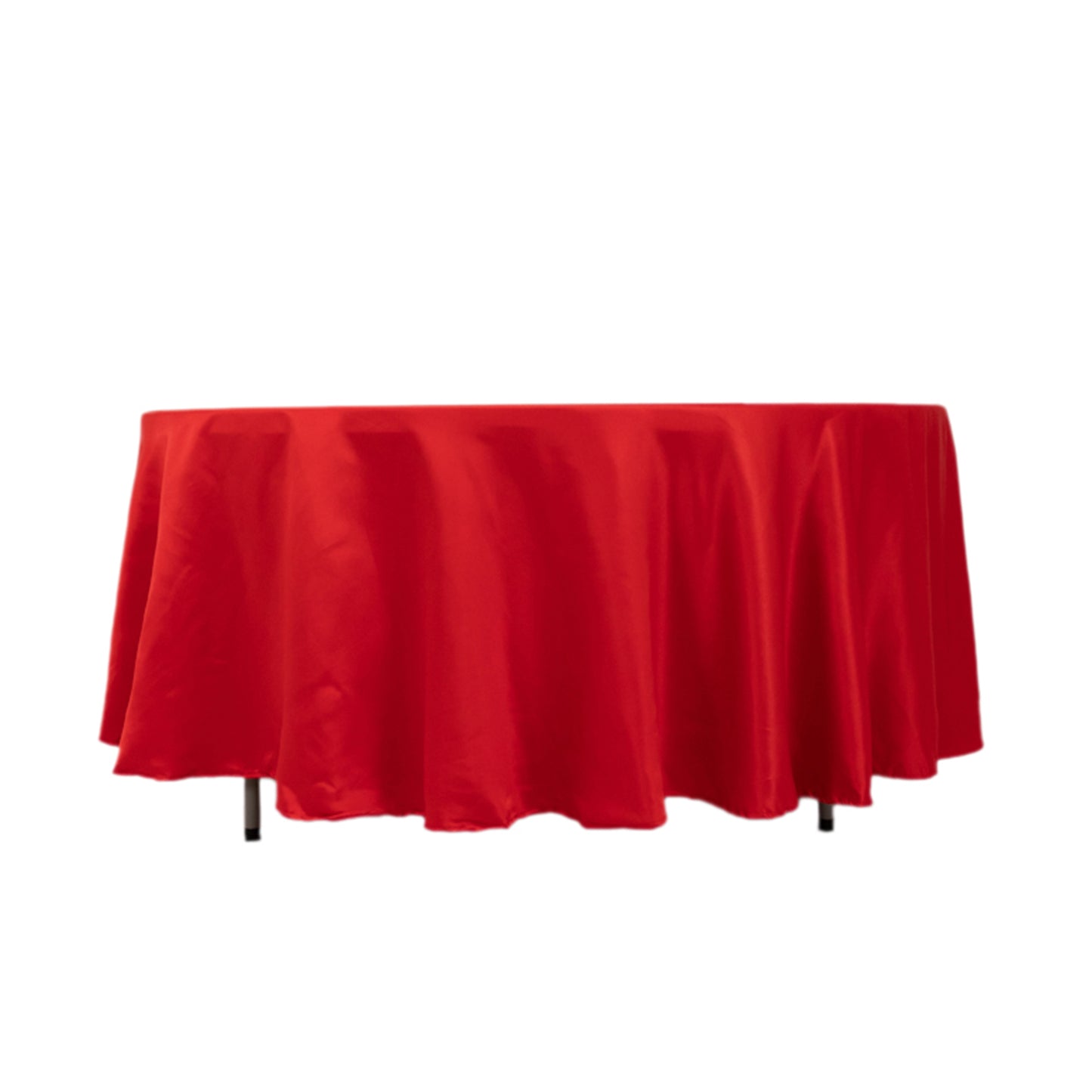 Red satin round tablecloth, 108 inches in diameter.
