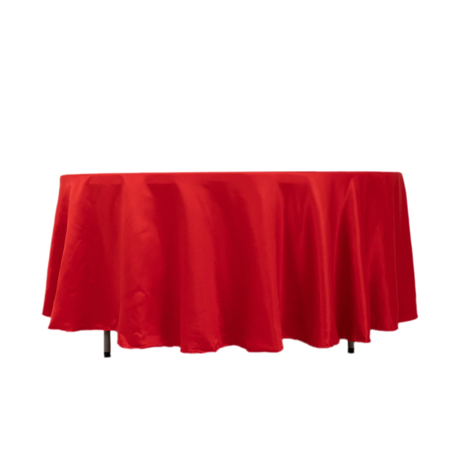 Red satin round tablecloth, 108 inches in diameter.
