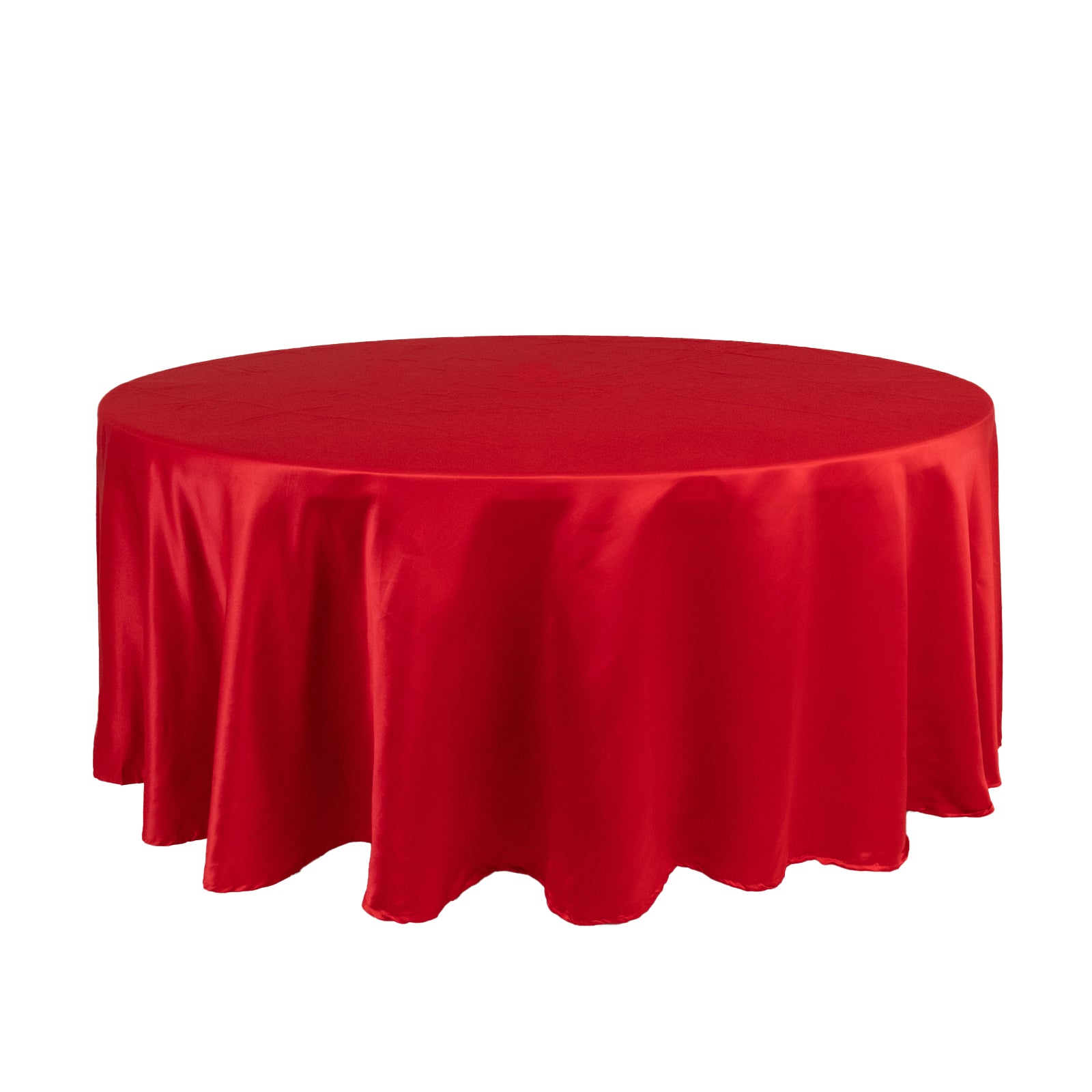 Red satin round tablecloth, 108 inches in diameter.