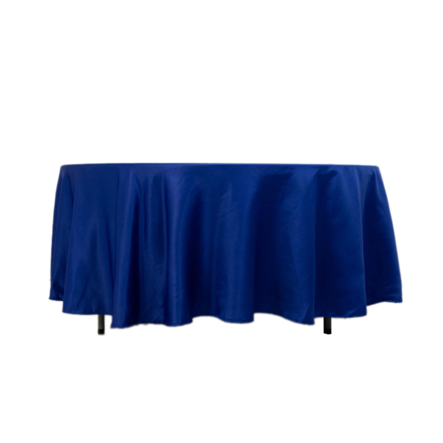 108" Royal Blue Lamour Satin Round Tablecloth on display.