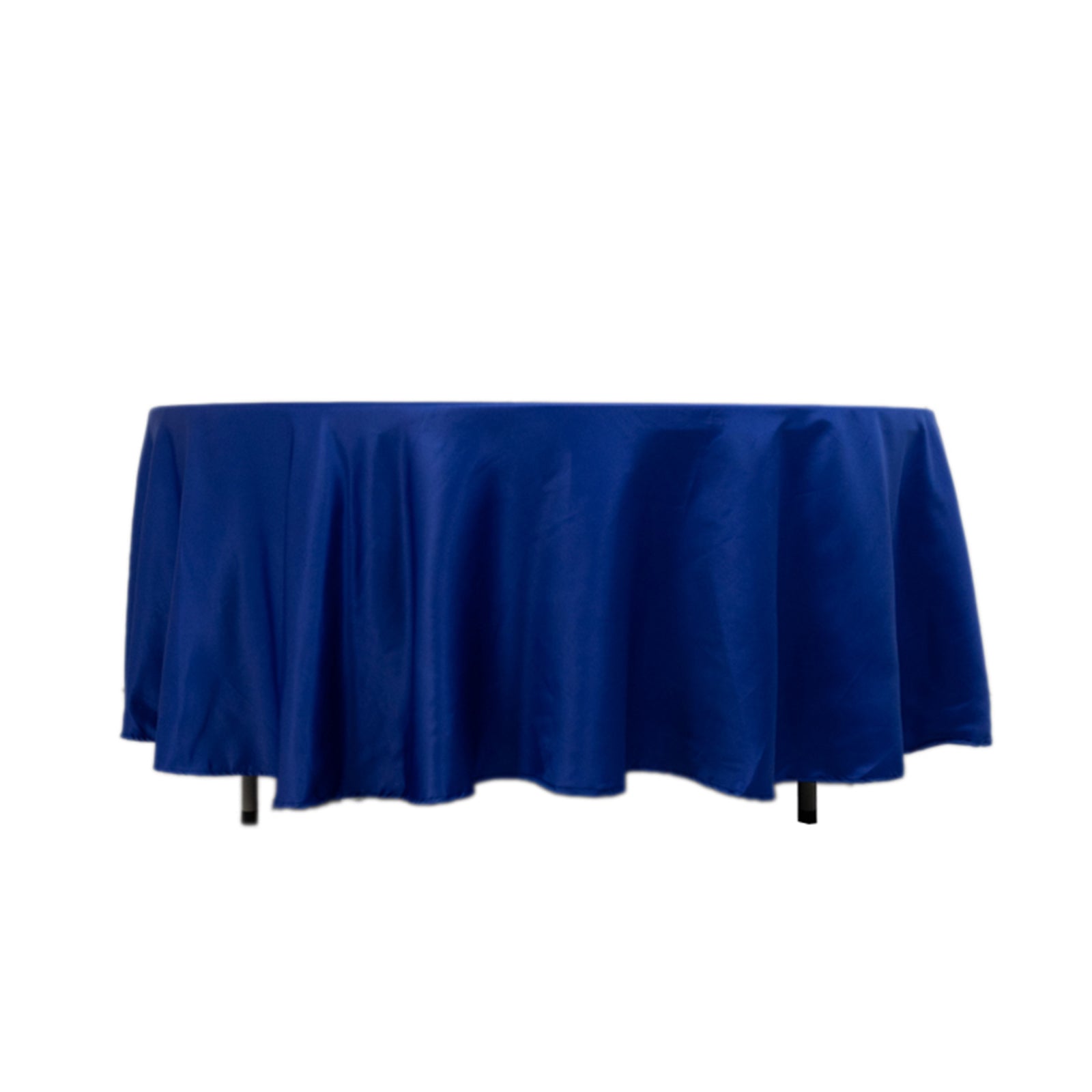 108" Royal Blue Lamour Satin Round Tablecloth on display.