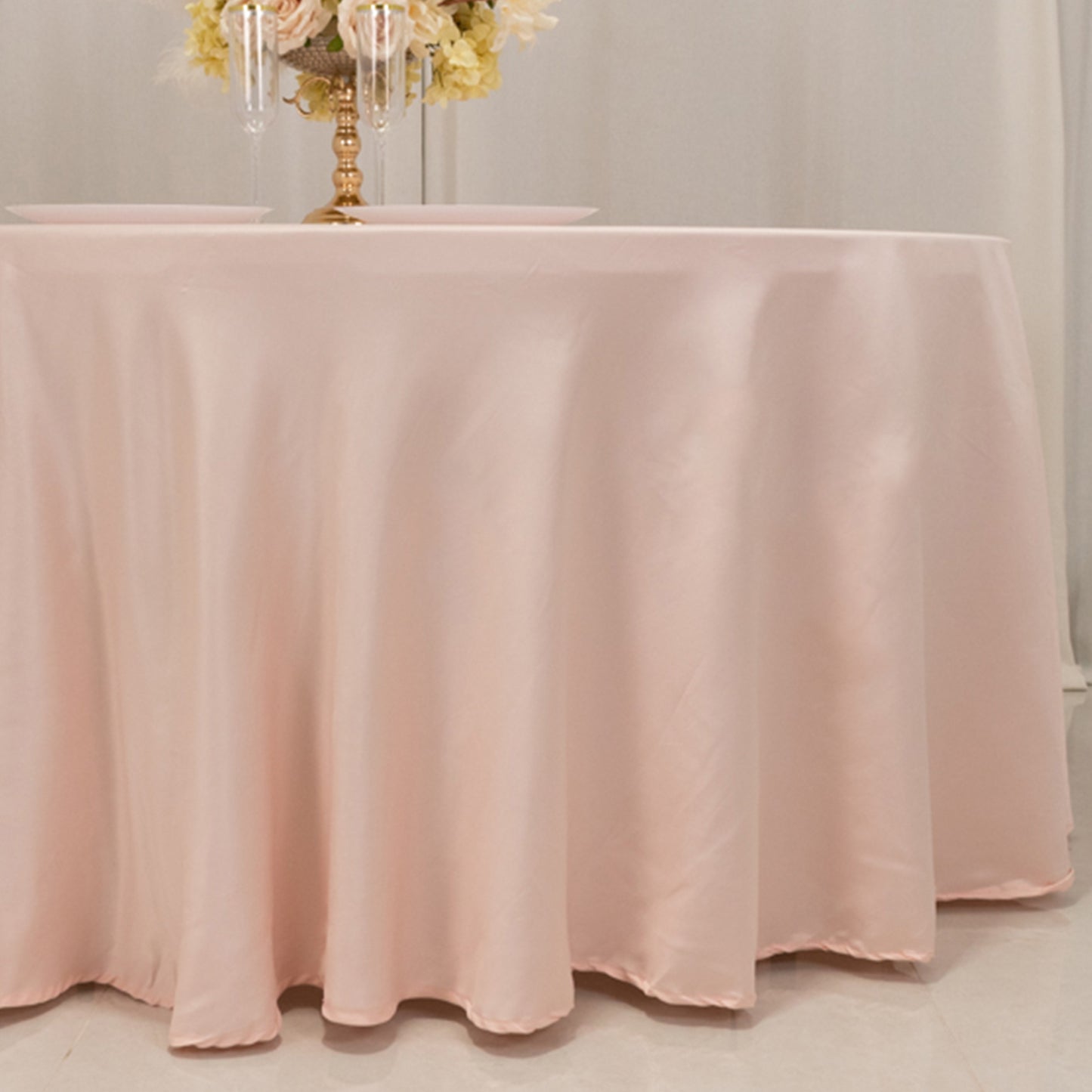 120" Blush Seamless Lamour Satin Round Tablecloth for 5 Foot Table With Floor-Length Drop