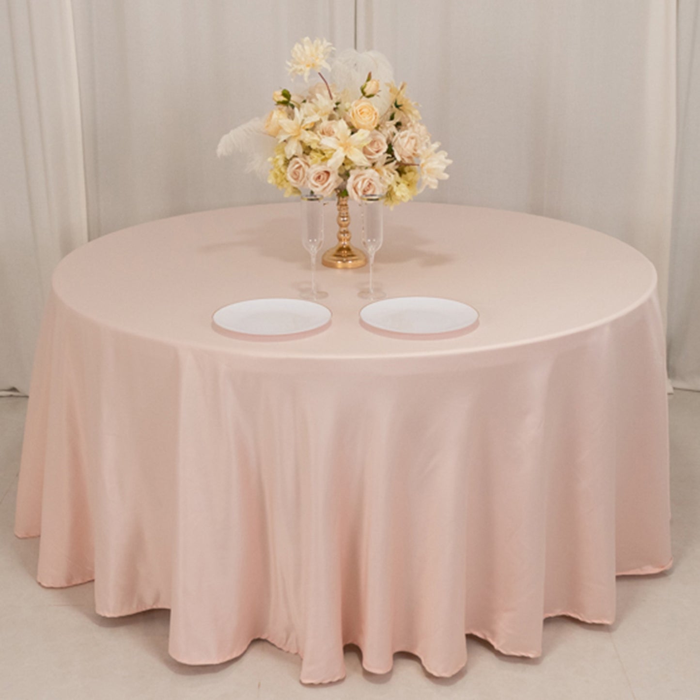 120" Blush Seamless Lamour Satin Round Tablecloth for 5 Foot Table With Floor-Length Drop